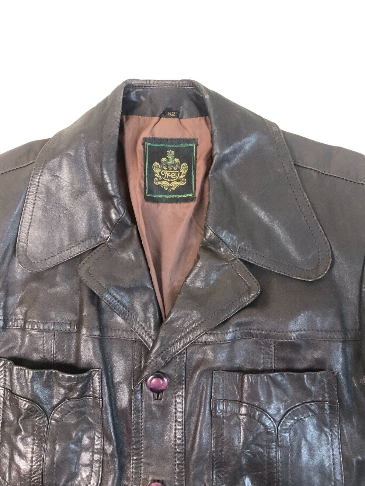 VTG 1970s V COOL LEATHER JACKET BLAZER LARGE ROUND COLLARS DISCO 4 POCKET L 42”