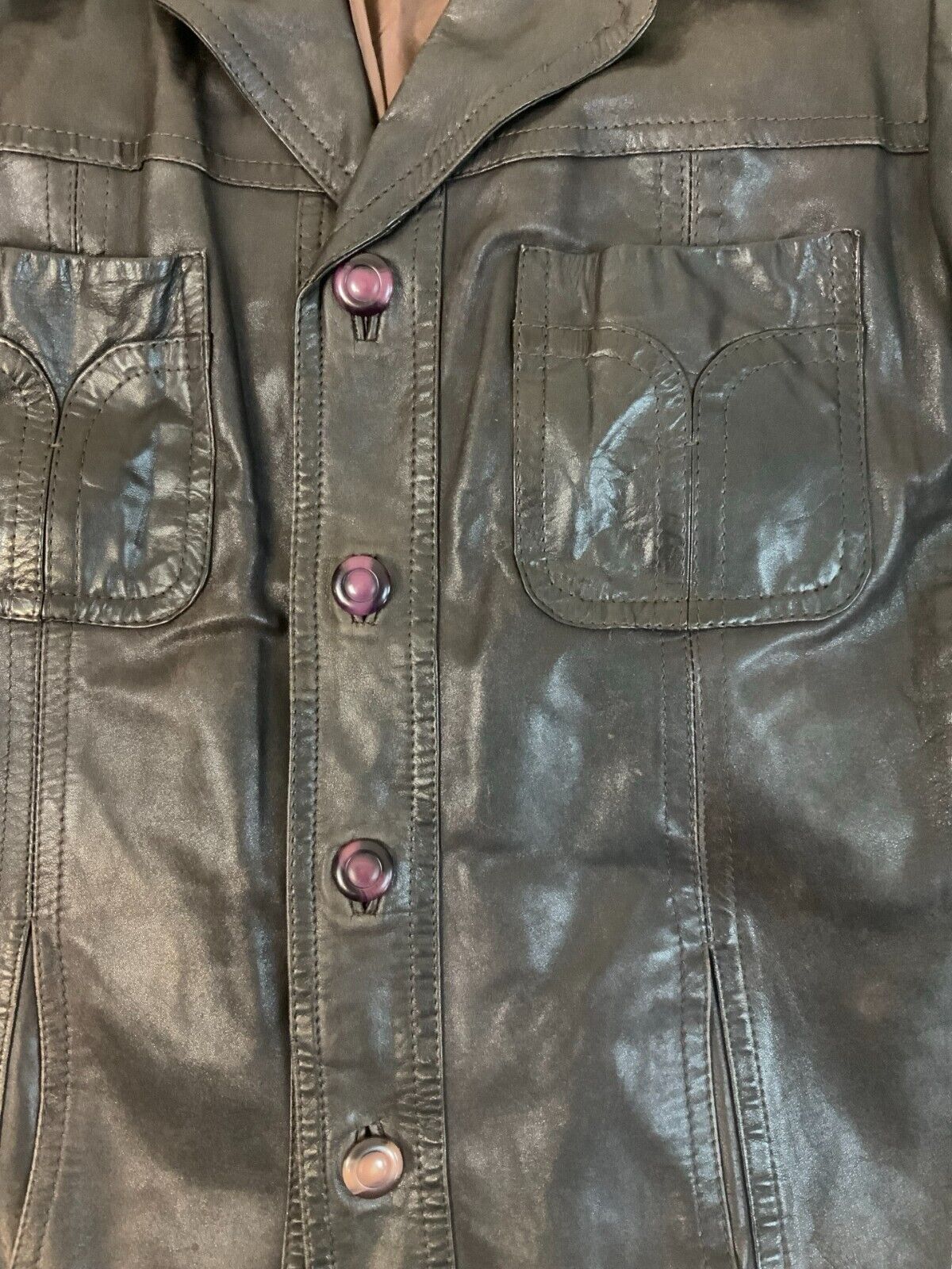 VTG 1970s V COOL LEATHER JACKET BLAZER LARGE ROUND COLLARS DISCO 4 POCKET L 42”