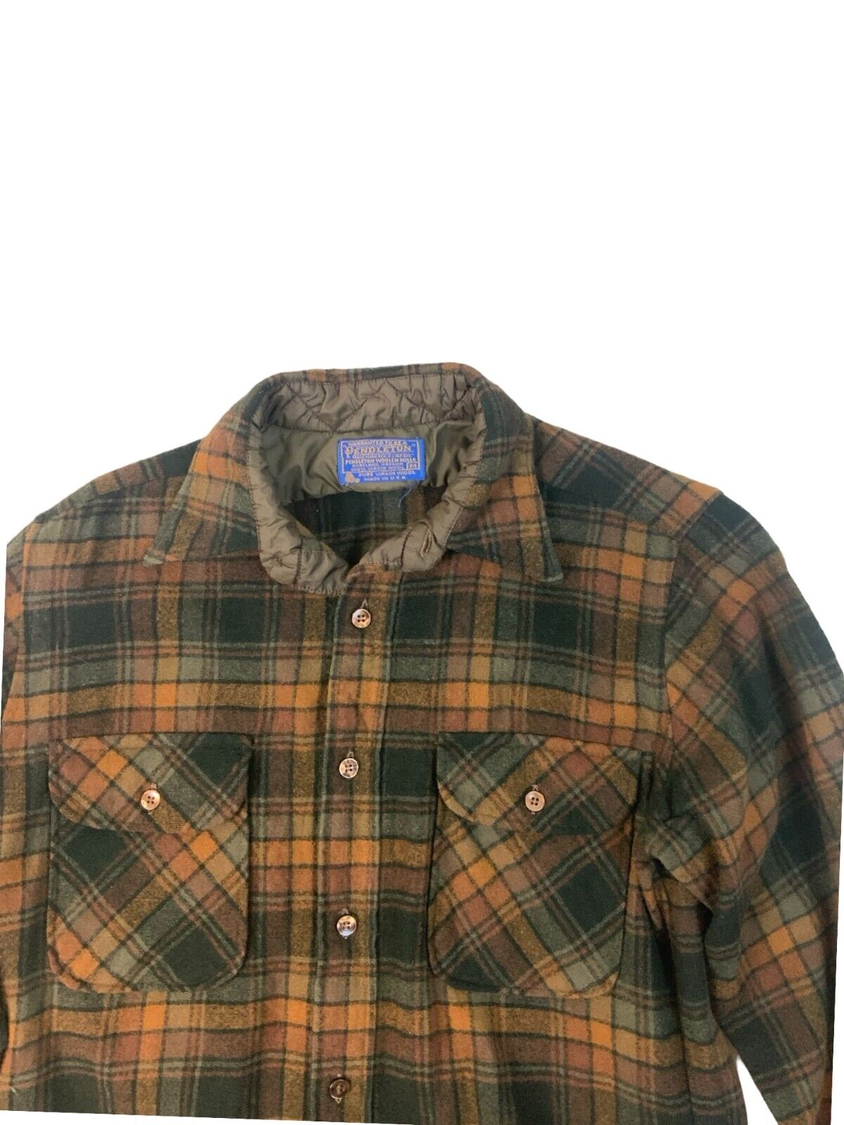 VTG 1970s USA PENDLETON BROWN PLAID VIRGIN WOOL SHIRT ROCKABILLY HOT ROD S 38”