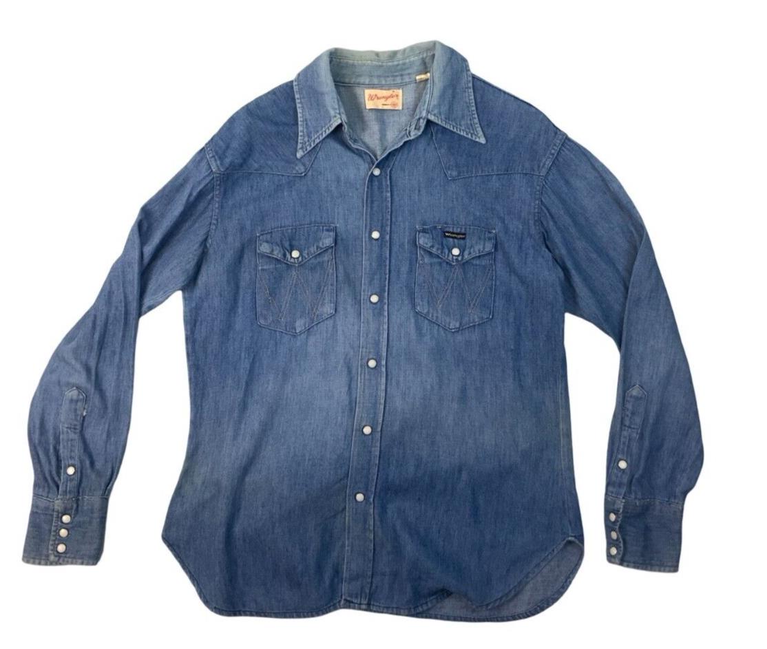 VTG EARLY 70S WRANGLER DENIM PEARL SNAP WESTERN SHIRT SINGLESTITCH TAILORED L 42