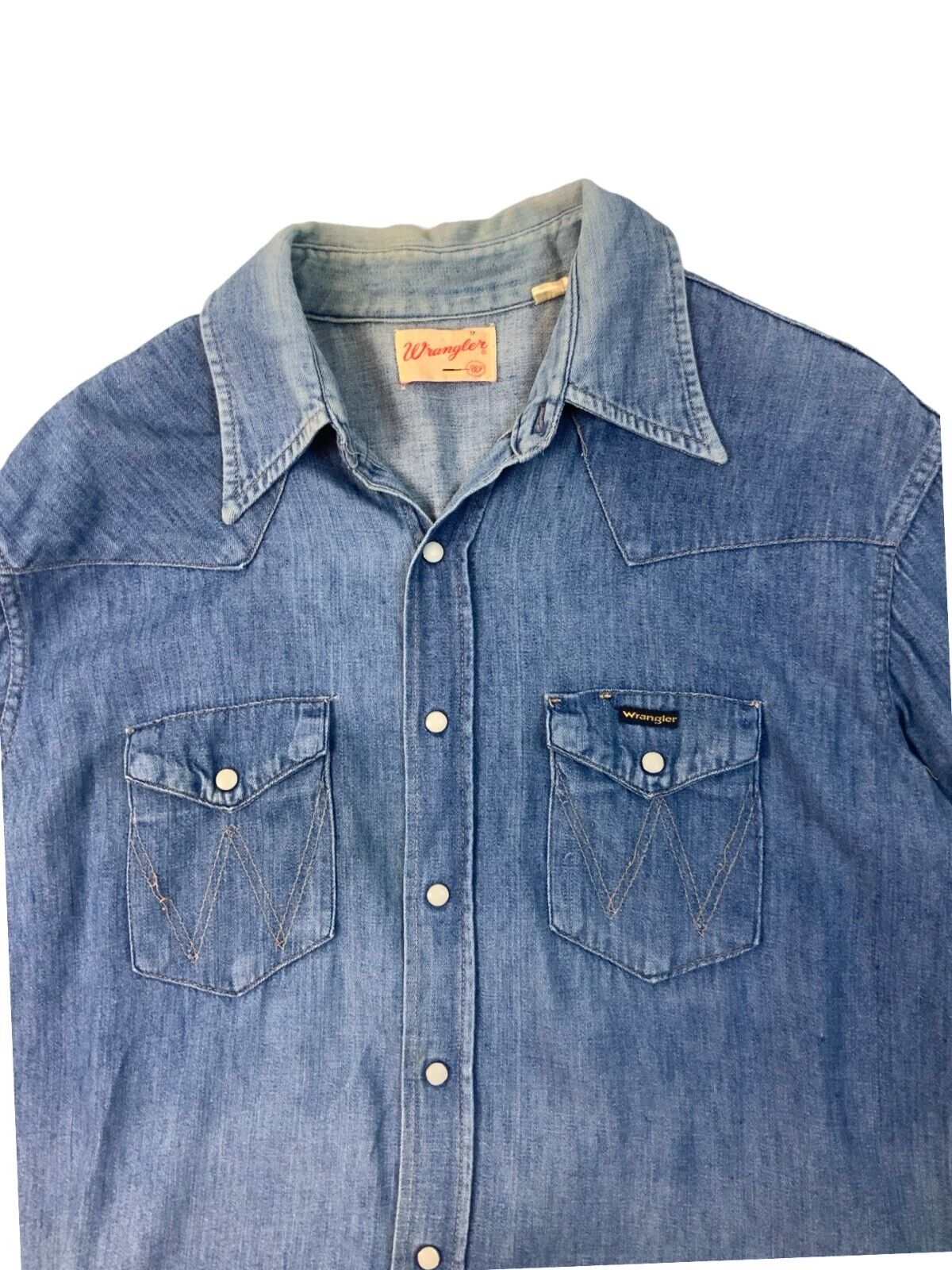 VTG EARLY 70S WRANGLER DENIM PEARL SNAP WESTERN SHIRT SINGLESTITCH TAILORED L 42