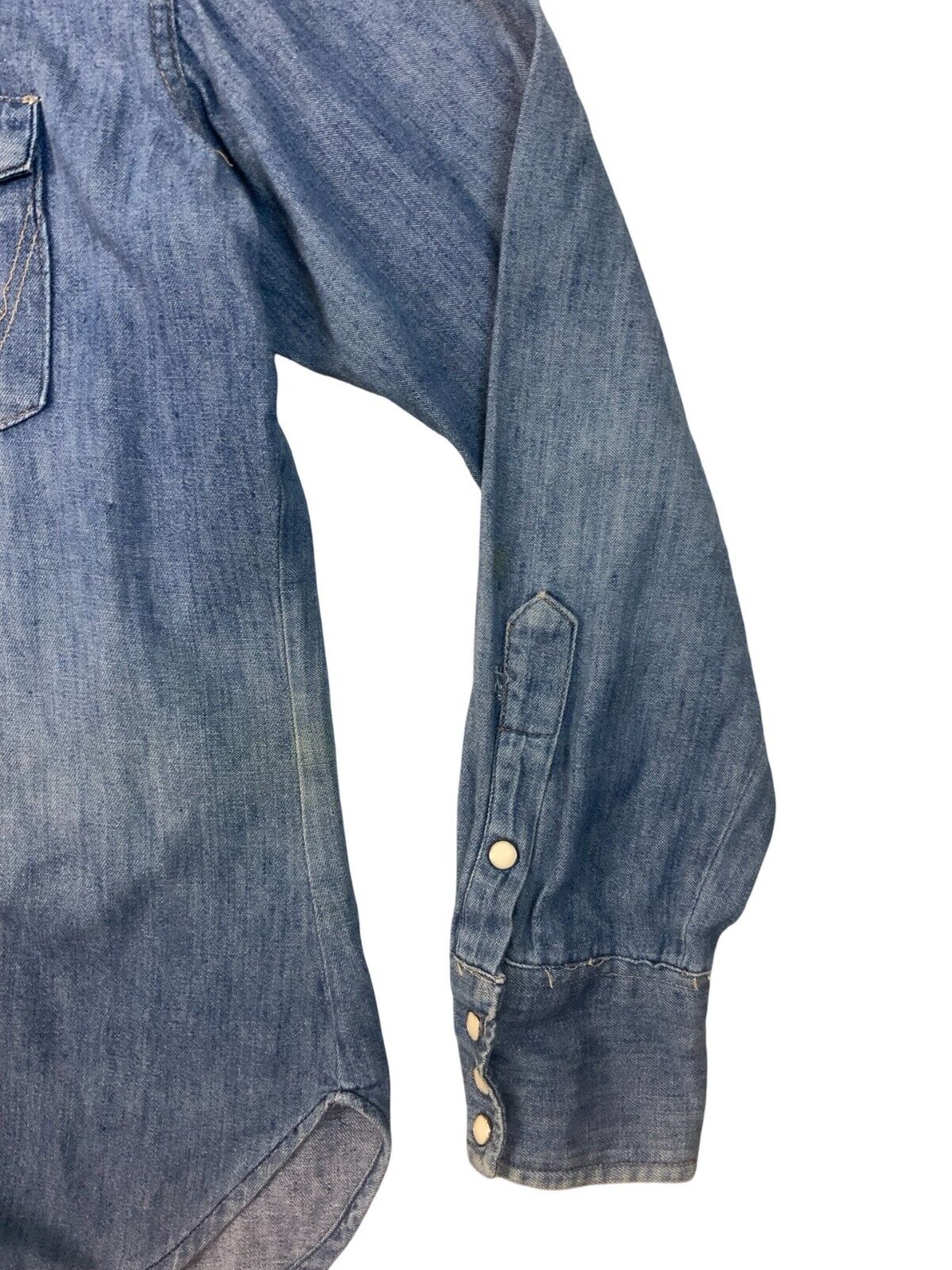 VTG EARLY 70S WRANGLER DENIM PEARL SNAP WESTERN SHIRT SINGLESTITCH TAILORED L 42