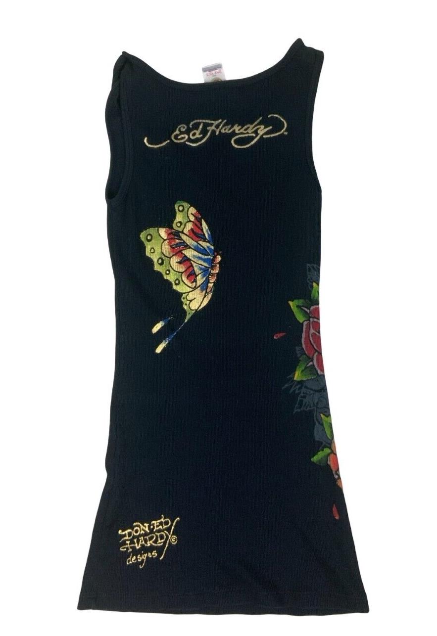 ED HARDY Y2K BLACK GRAPHIC ALL OVER PRINT GEMSTONE VEST TOP SIZE XS