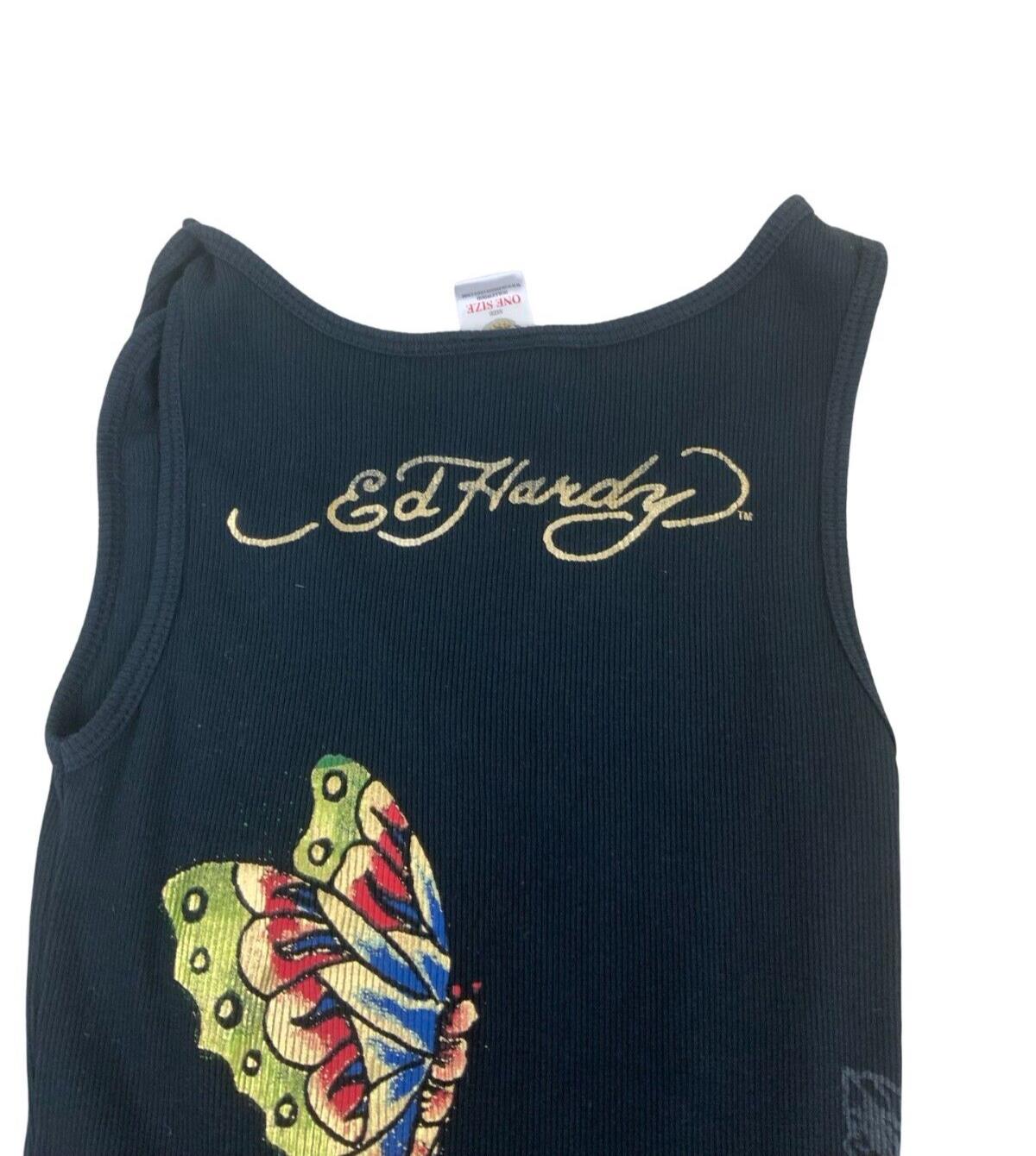 ED HARDY Y2K BLACK GRAPHIC ALL OVER PRINT GEMSTONE VEST TOP SIZE XS