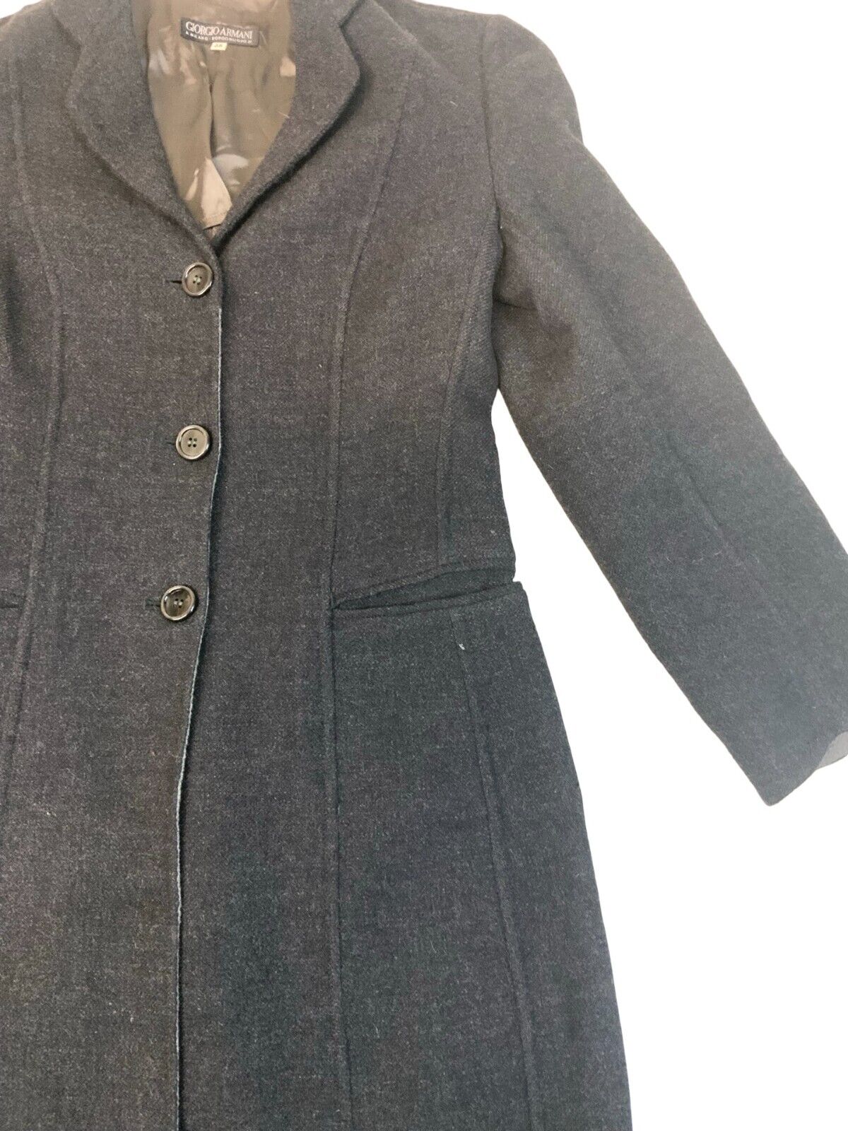 VTG 90s GIORGIO ARMANI CHARCOAL GREY BLACK DUSTER JACKET SIZE 8 10