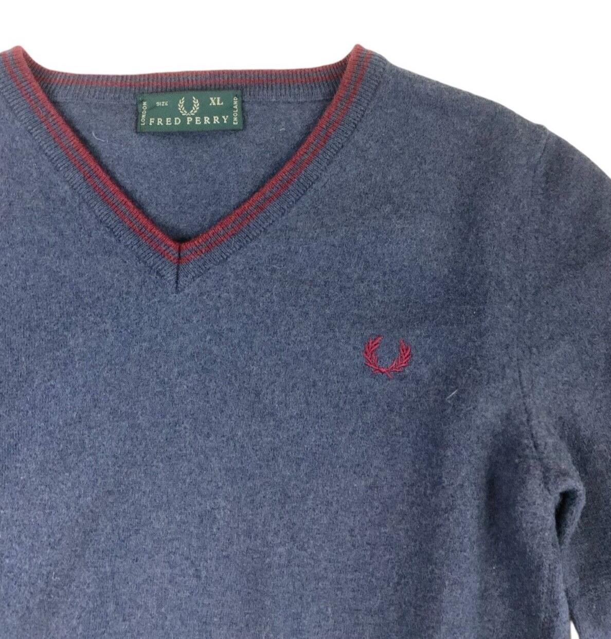 VTG 70s FRED PERRY WOOLLEN V NECK JUMPER CHARCOAL GREY BLUE SIZE S