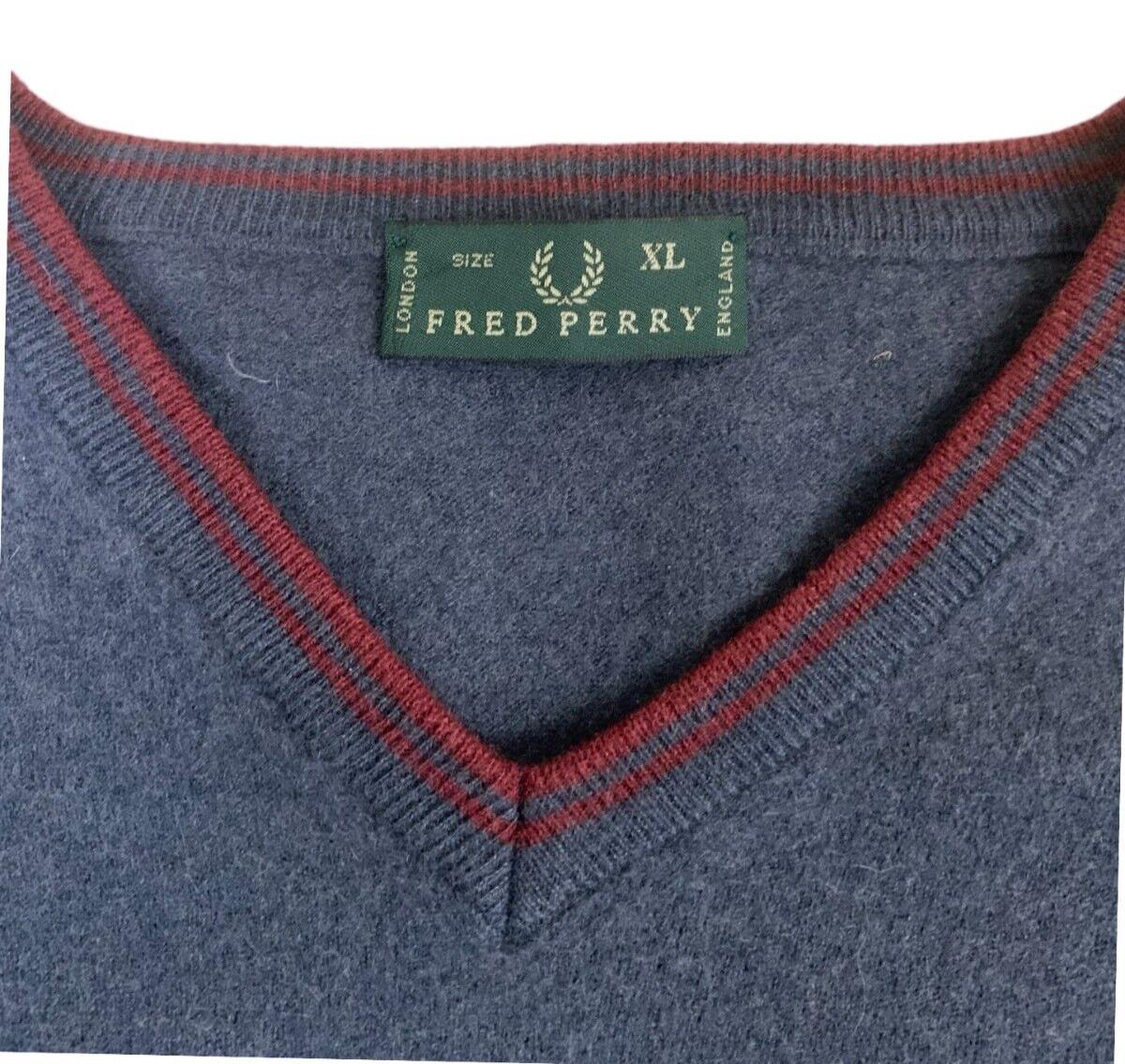 VTG 70s FRED PERRY WOOLLEN V NECK JUMPER CHARCOAL GREY BLUE SIZE S