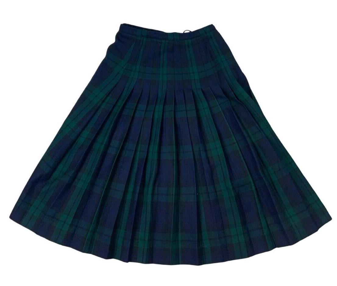 VTG 80s BURBERRYS GREEN NOVA CHECK TARTAN PLEATED KILT SKIRT SIZE S