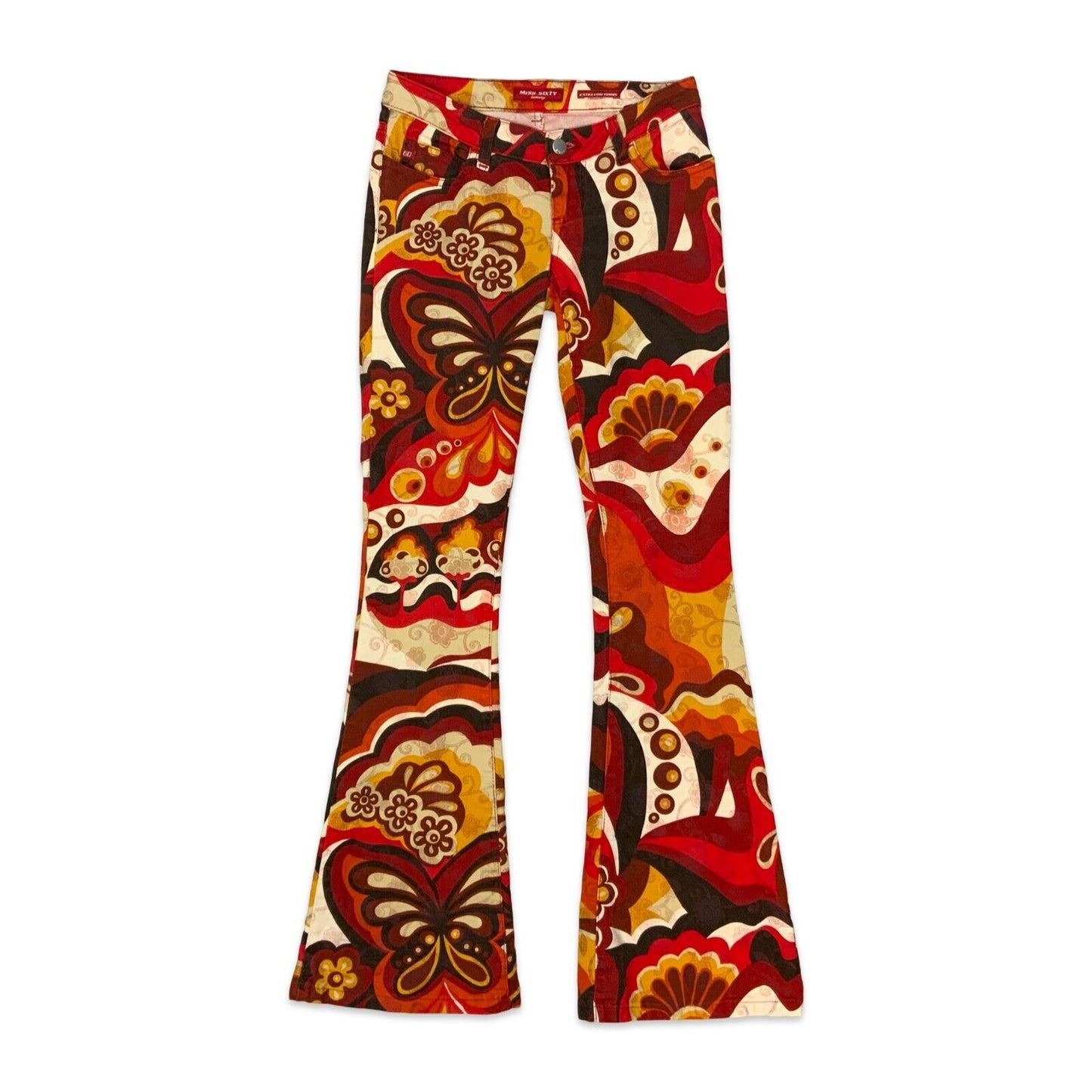 VTG Y2K MISS SIXTY MULTICOLOUR FLORAL SWIRLY LOW RISE FLARED JEANS SIZE 8