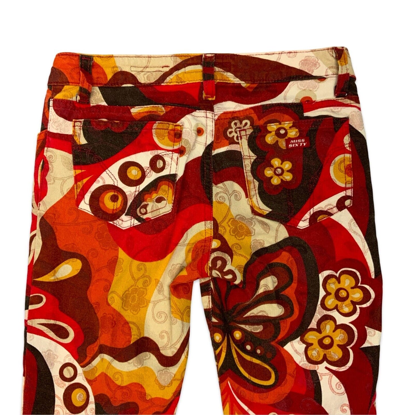 VTG Y2K MISS SIXTY MULTICOLOUR FLORAL SWIRLY LOW RISE FLARED JEANS SIZE 8