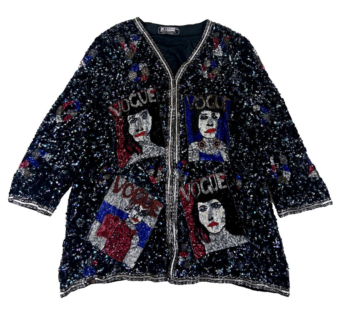 VTG 80S 90s BLACK VOGUE EMBELLISHED MULTICOLOUR SEQUIN BOLERO CARDIGAN L XL