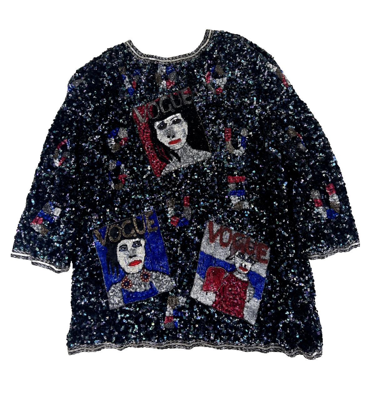 VTG 80S 90s BLACK VOGUE EMBELLISHED MULTICOLOUR SEQUIN BOLERO CARDIGAN L XL