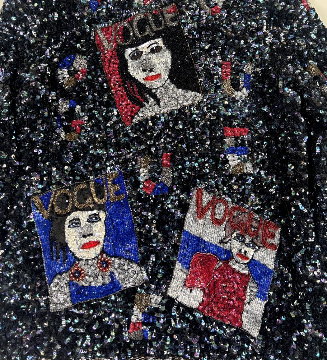 VTG 80S 90s BLACK VOGUE EMBELLISHED MULTICOLOUR SEQUIN BOLERO CARDIGAN L XL