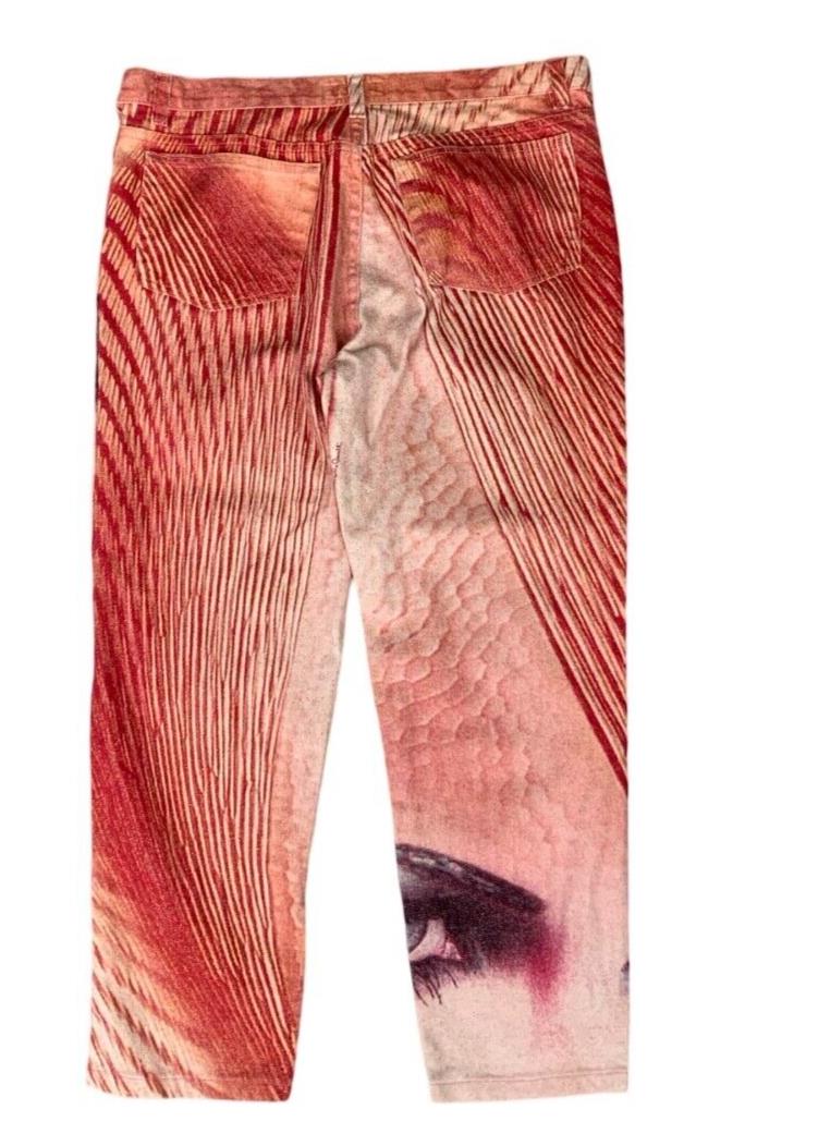 VTG Y2K 2001 ROBERTO CAVALLI RUNWAY LIZ TAYLOR FACE PRINT CROPPED JEANS M 12 14