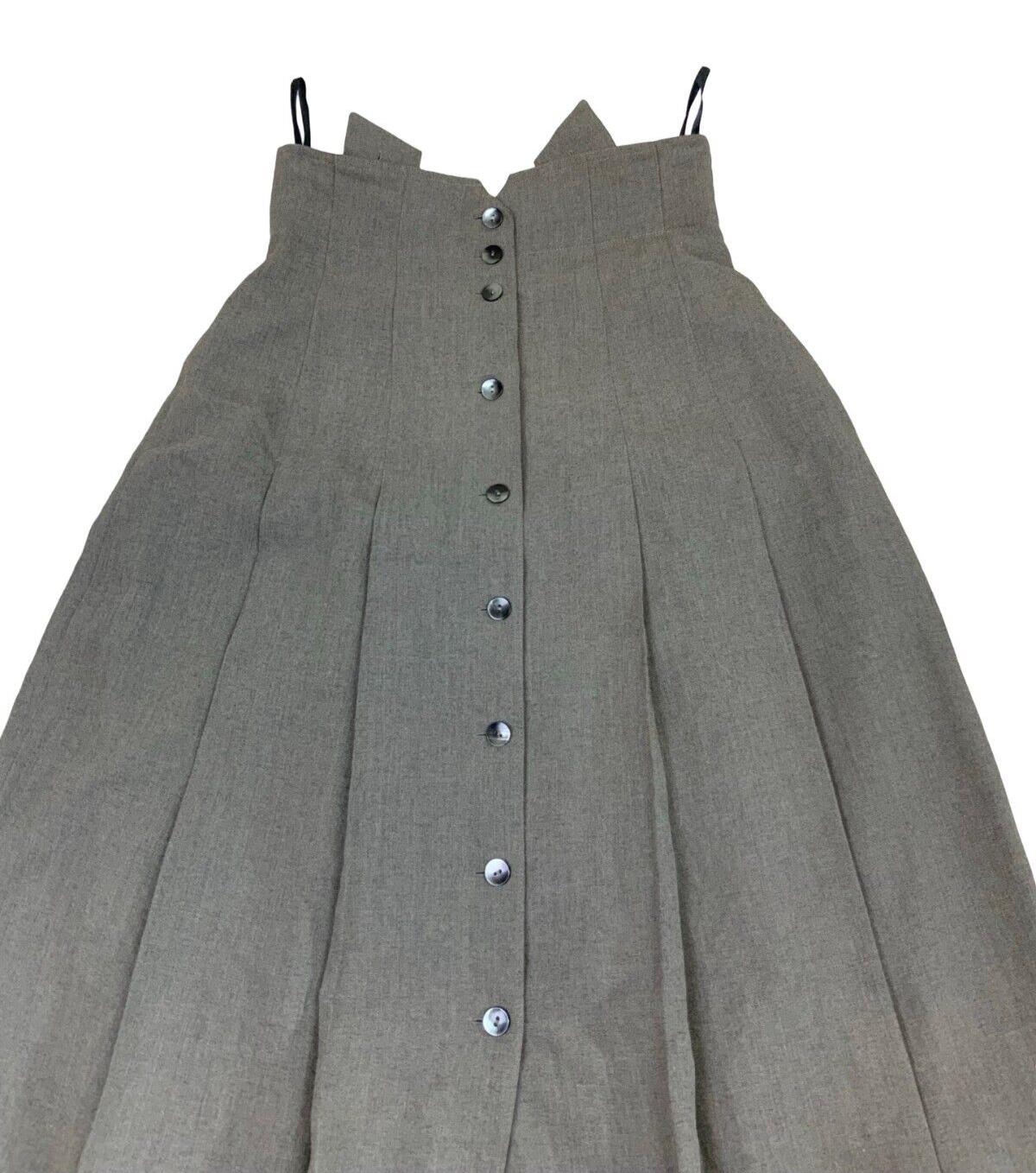 VTG 80s 90S GREY GREEN PLEATED BUTTON UP DUNGAREE MIDI SKIRT 10