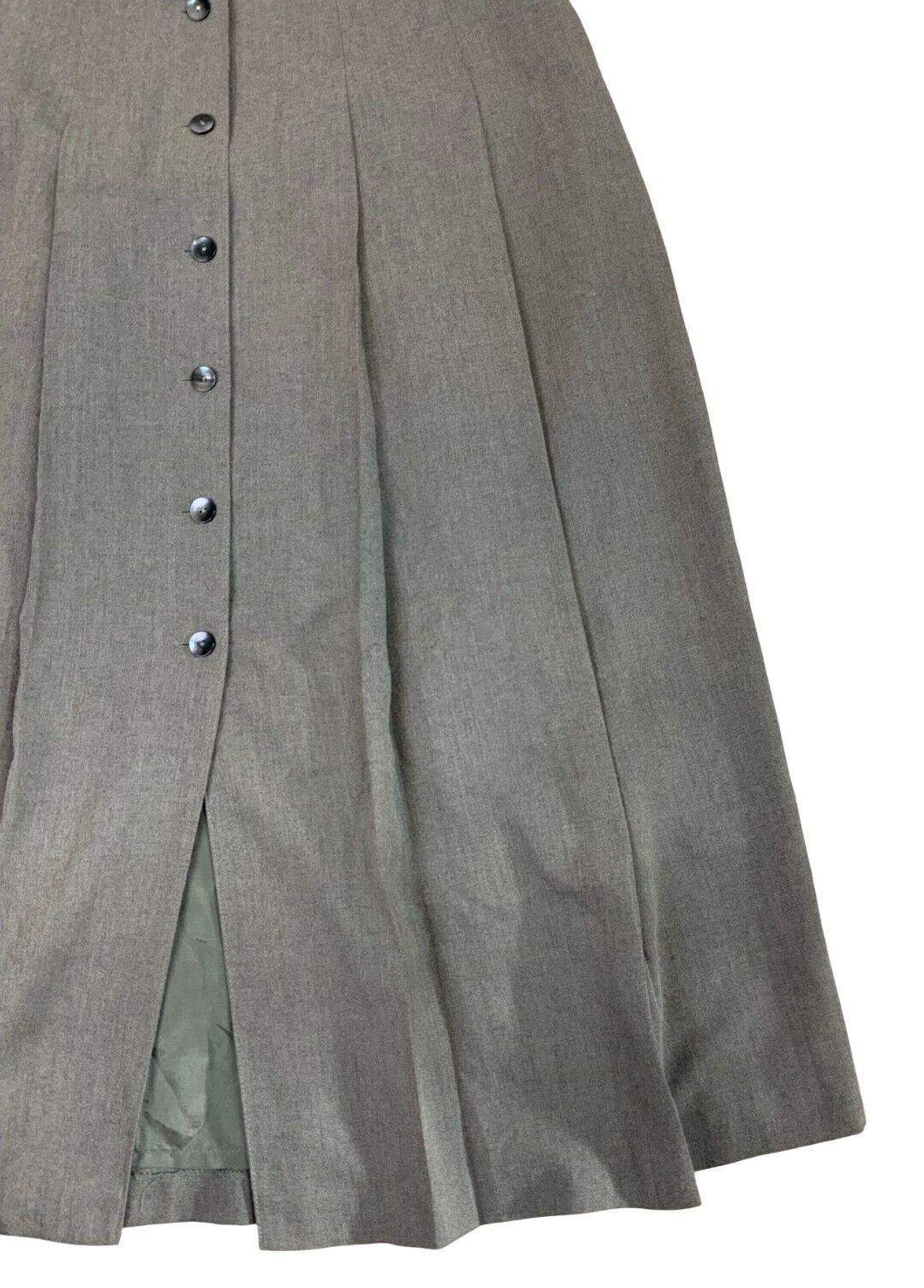 VTG 80s 90S GREY GREEN PLEATED BUTTON UP DUNGAREE MIDI SKIRT 10