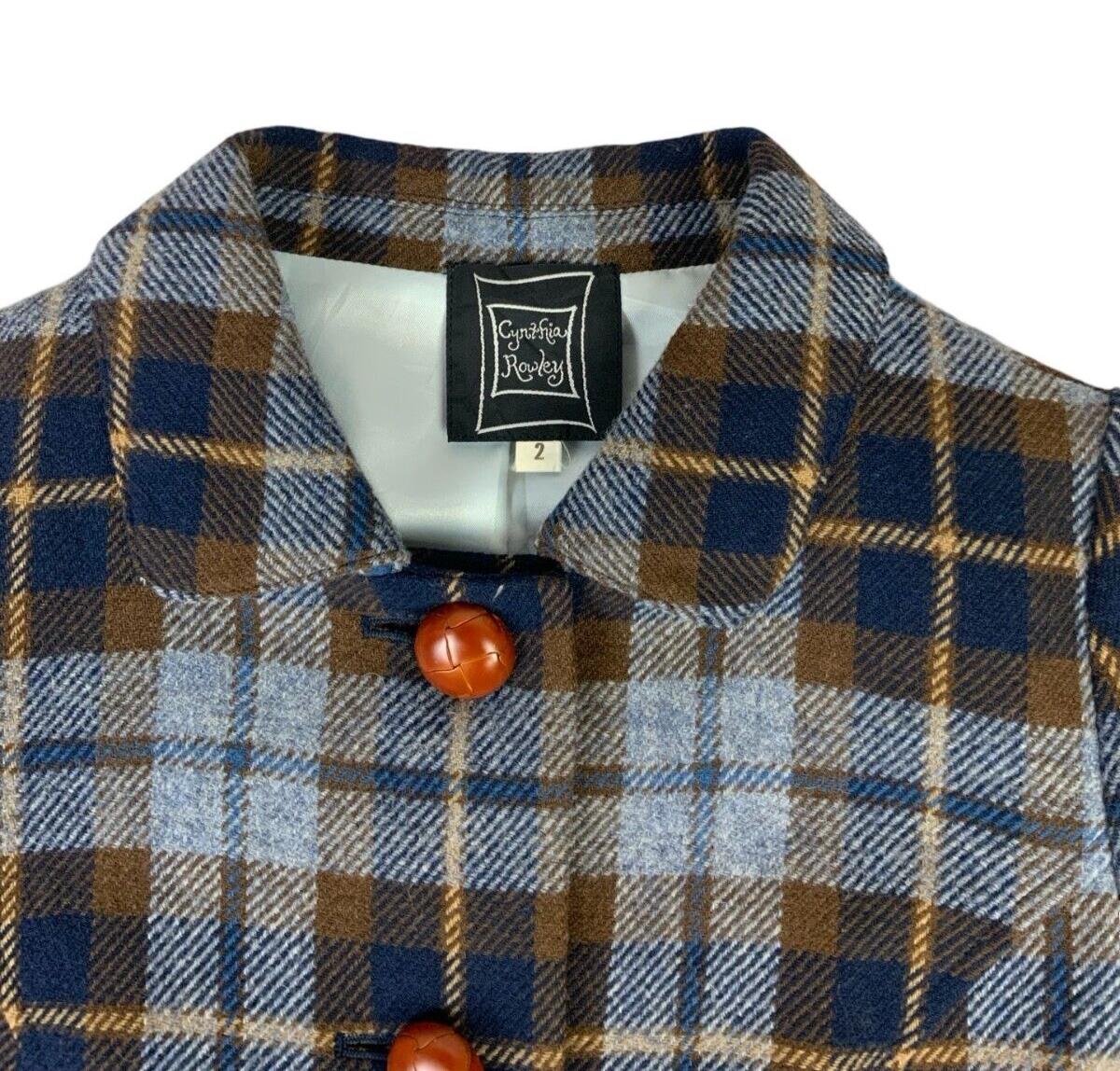 CYNTHIA ROWLEY DESIGNER BLUE MULTICOLOUR PLAID CHECK WINTER COAT S