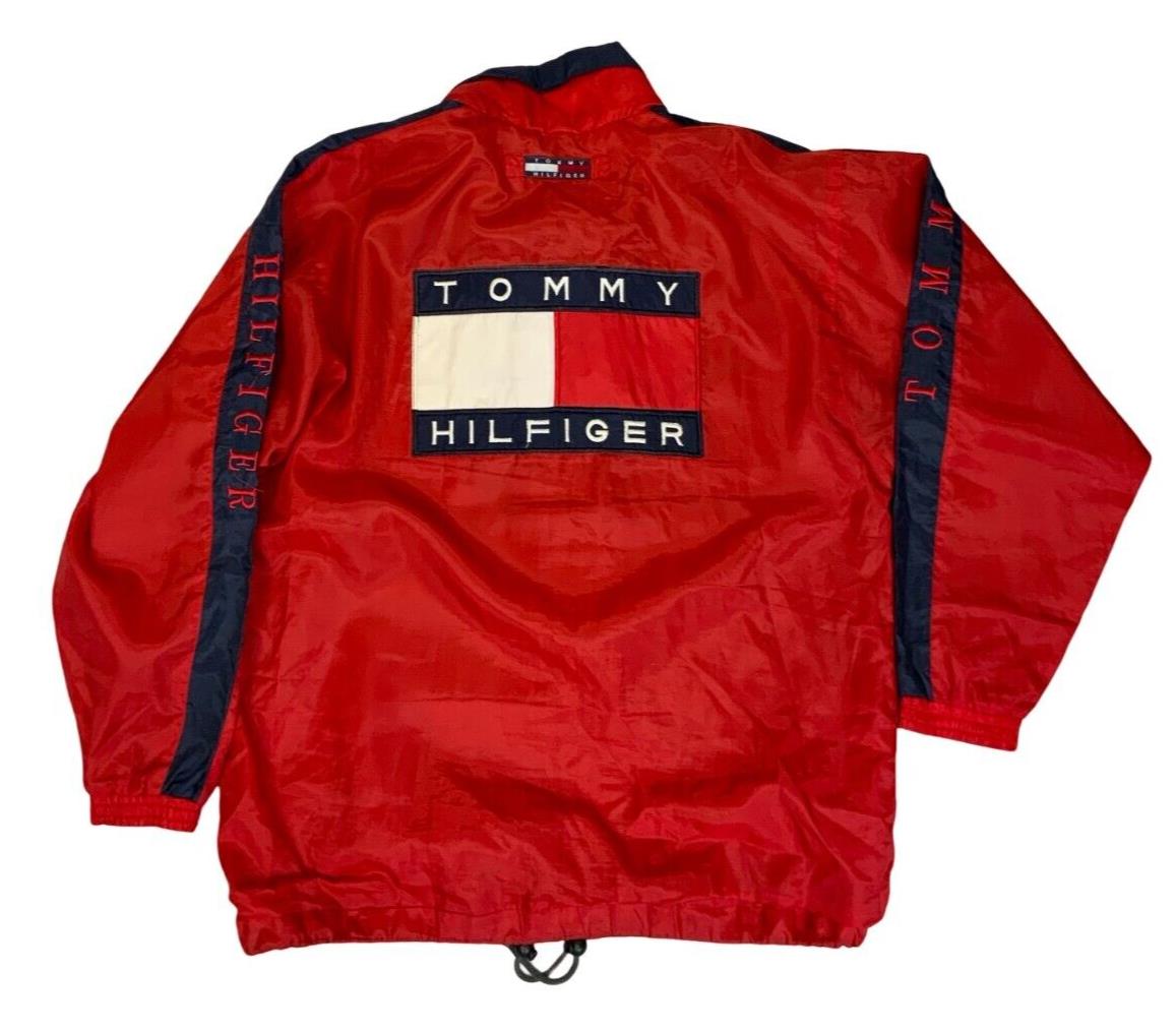 VTG 90s 00s TOMMY HILFIGER RED NAVY BLUE ANORAK WINDBREAKER SIZE L