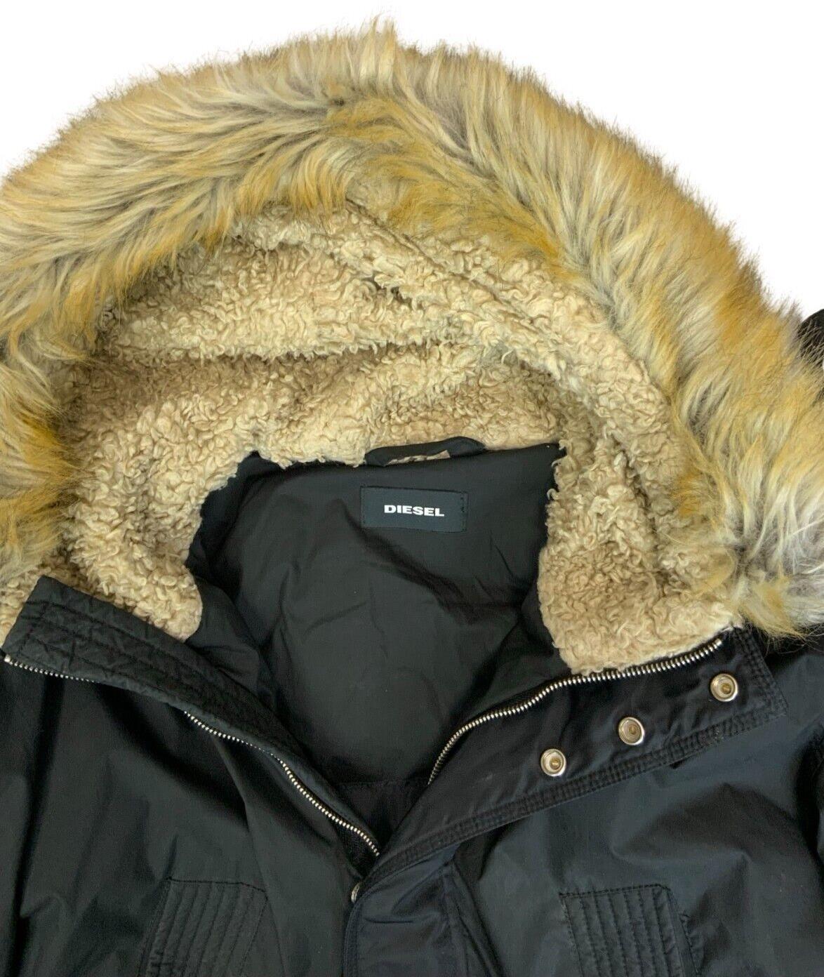 VTG Y2K 00s DIESEL BLACK FAUX FUR HOOD PARKA JACKET SIZE XL