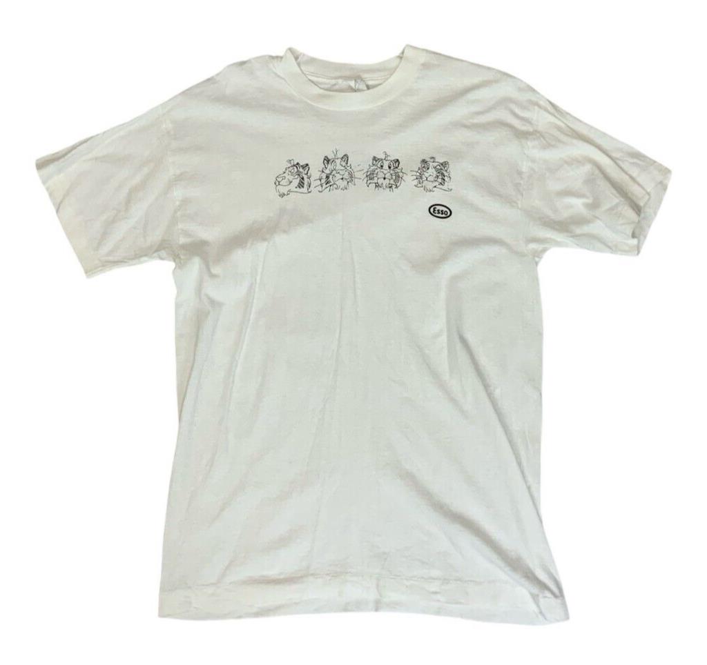 VTG 80s 90s WHITE GRAPHIC T SHIRT ESSO RARE TIGER PRINT SIZE L