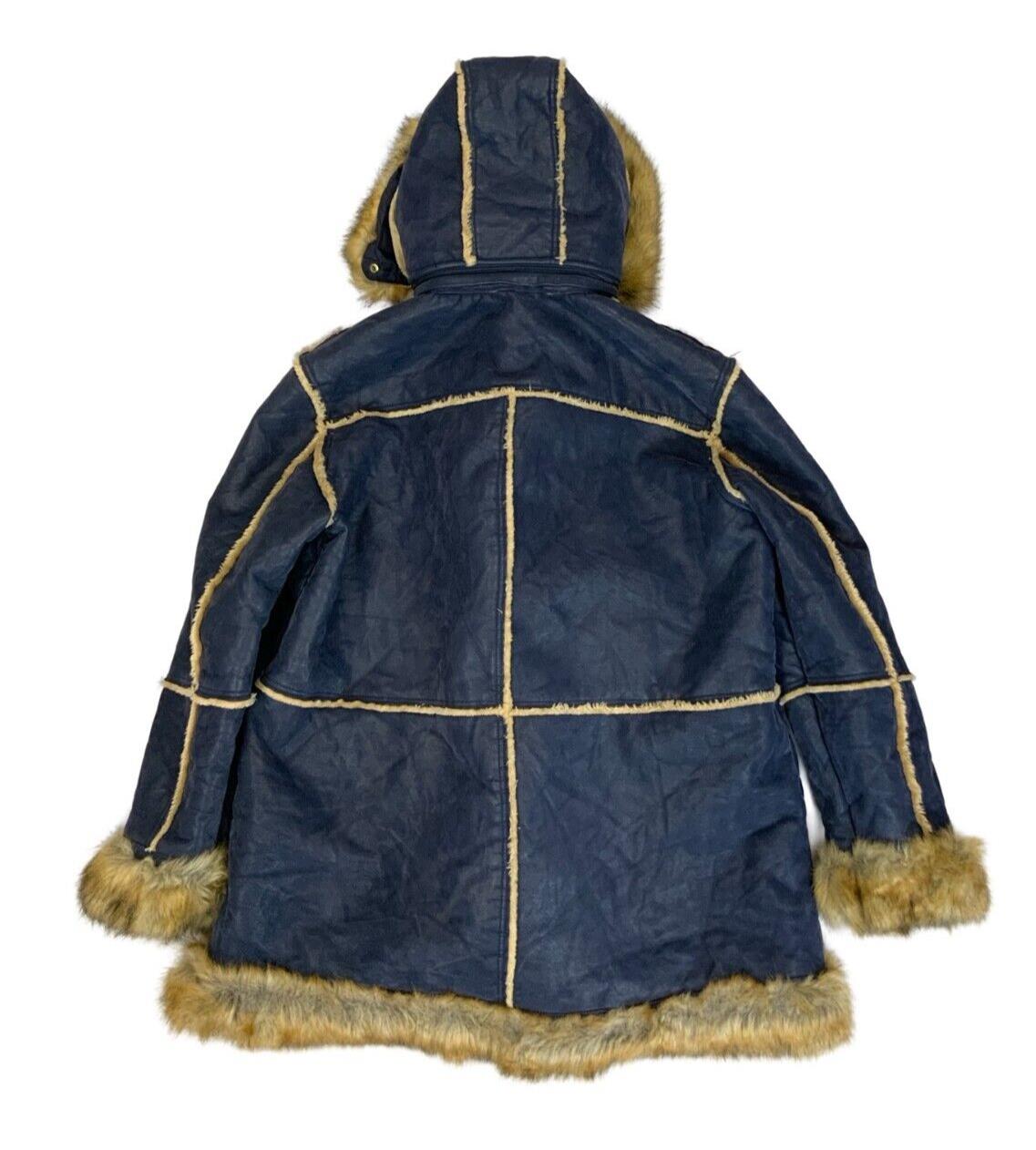 NWT JORDAN CRAIG NAVY BLUE FAUX FUR VEGAN LEATHER HOODED DUFFLE COAT 4XL