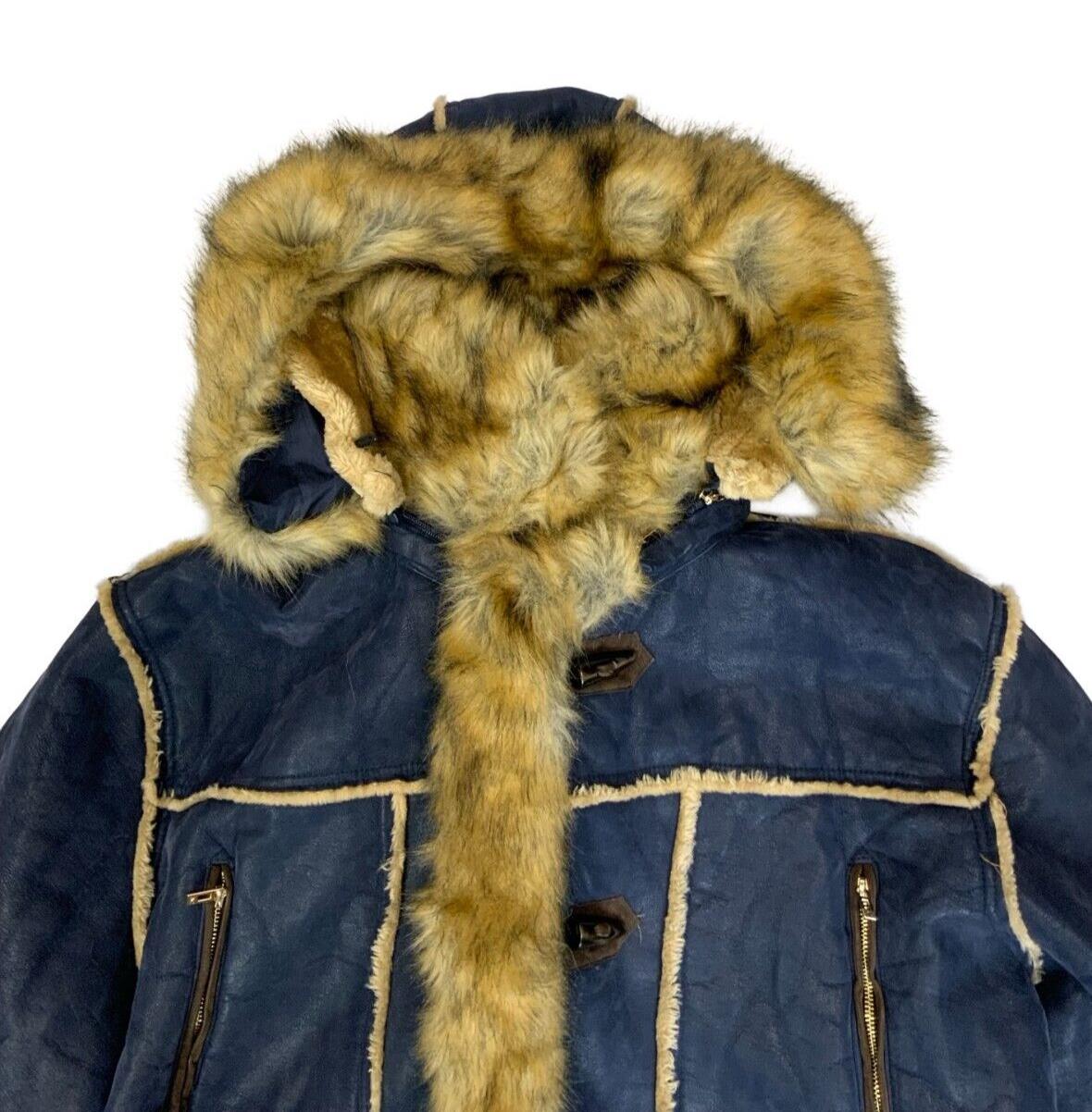 NWT JORDAN CRAIG NAVY BLUE FAUX FUR VEGAN LEATHER HOODED DUFFLE COAT 4XL