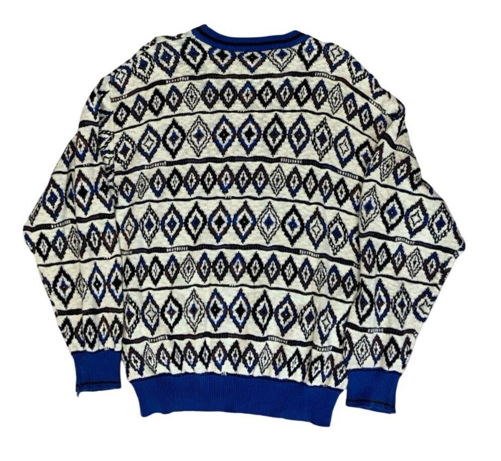 VTG 80s 90s HUGO BOSS WHITE BLUE DIAMOND CREW NECK KNIT JUMPER SIZE XL
