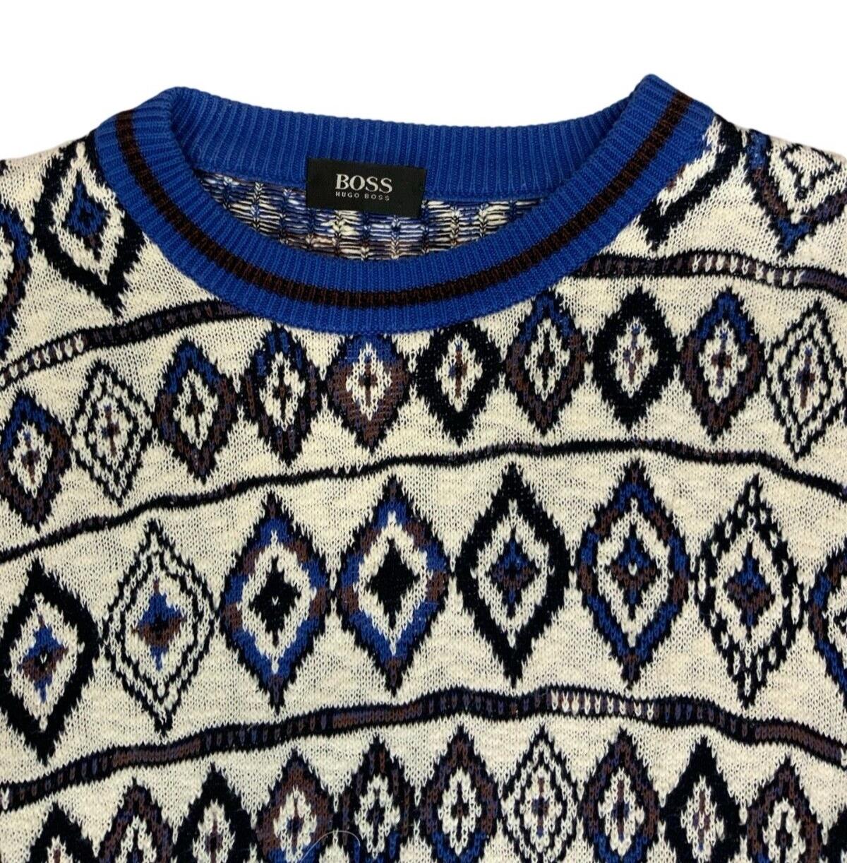 VTG 80s 90s HUGO BOSS WHITE BLUE DIAMOND CREW NECK KNIT JUMPER SIZE XL