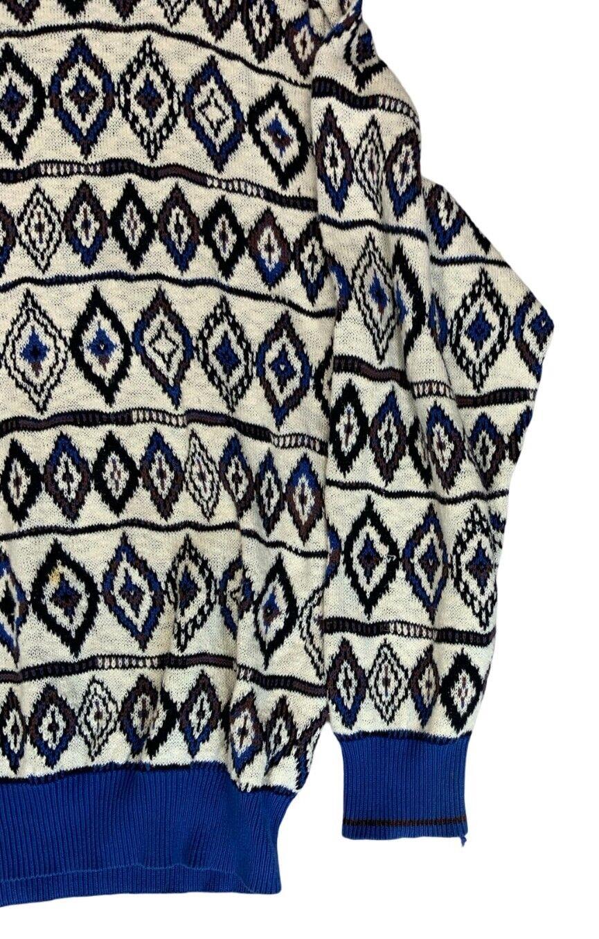VTG 80s 90s HUGO BOSS WHITE BLUE DIAMOND CREW NECK KNIT JUMPER SIZE XL