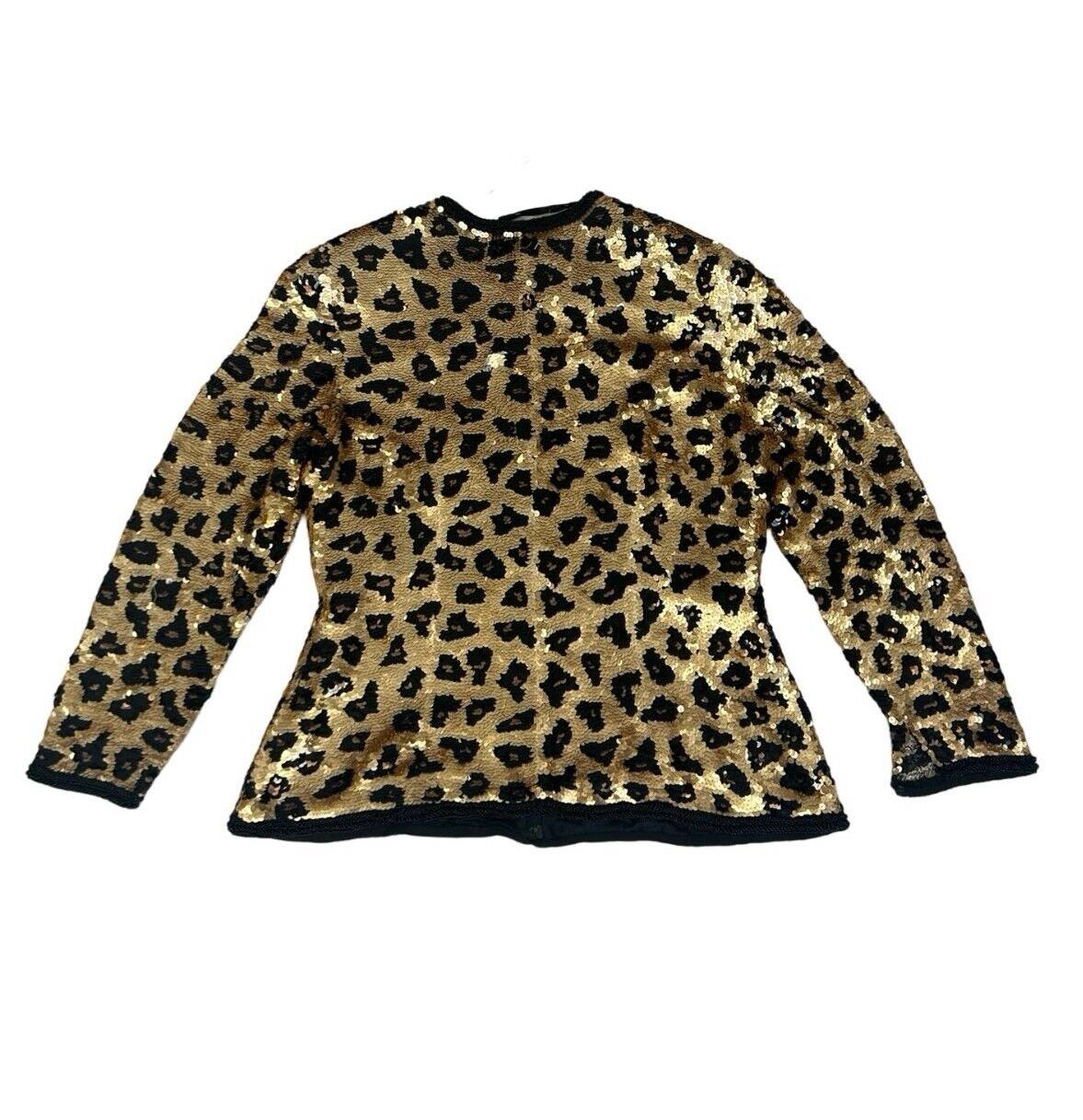 VTG 80s ANIMAL LEOPARD PRINT SEQUIN FITTED PARTY BOLERO JACKET M 12