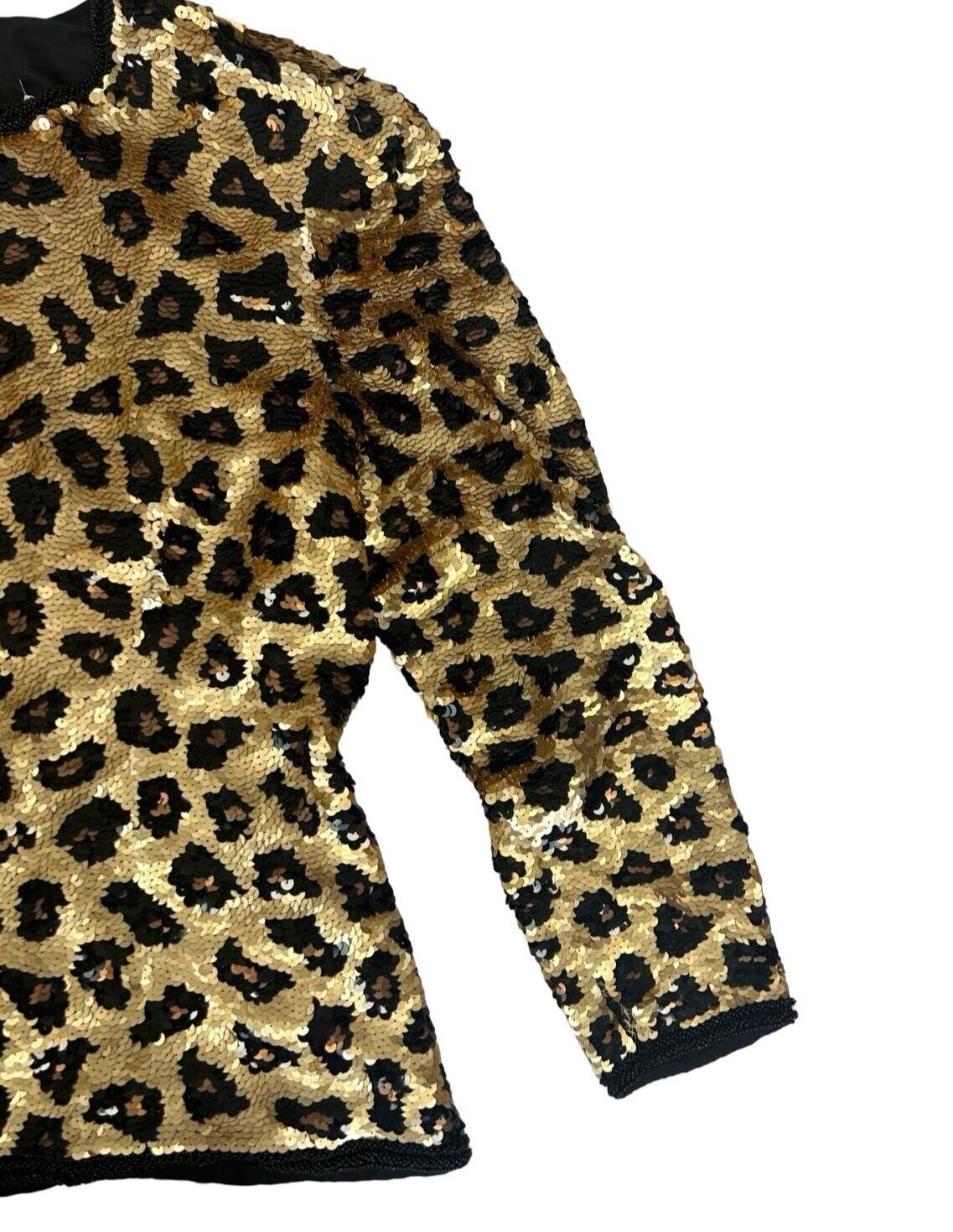 VTG 80s ANIMAL LEOPARD PRINT SEQUIN FITTED PARTY BOLERO JACKET M 12