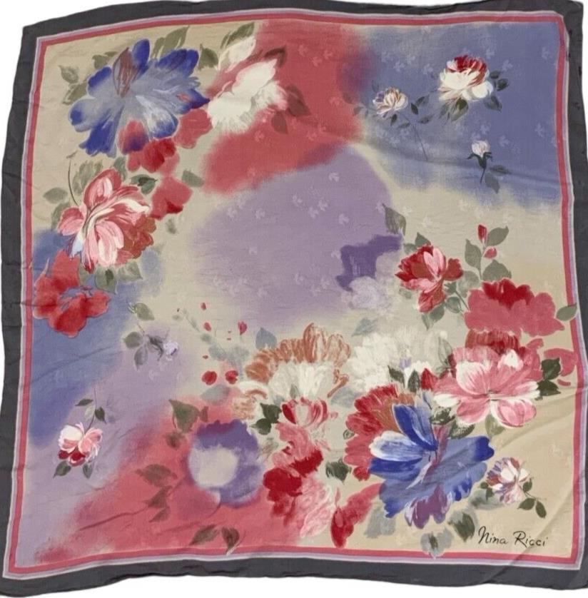 VTG 80s 90s NINA RICCI PINK PURPLE FLORAL WATERCOLOUR SQUARE SILK SCARF