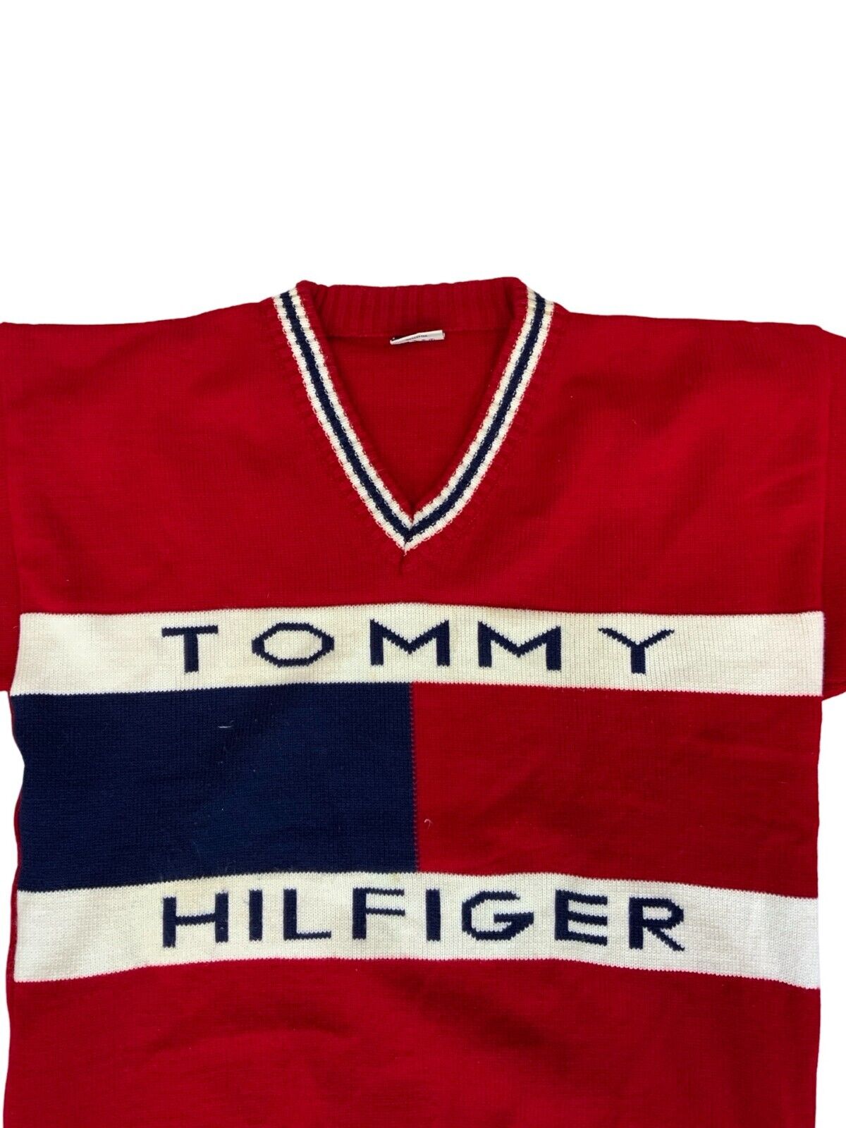 VTG 80s 90s TOMMY HILFIGER RED CHUNKY KNIT V NECK LOGO JUMPER SIZE L