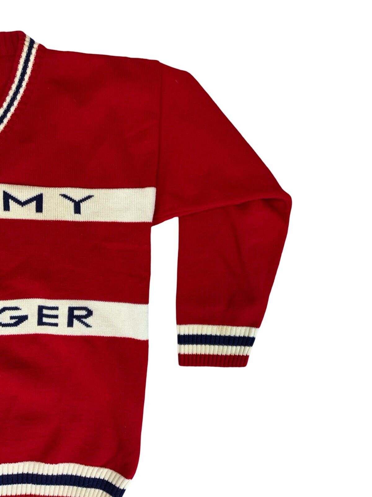 VTG 80s 90s TOMMY HILFIGER RED CHUNKY KNIT V NECK LOGO JUMPER SIZE L