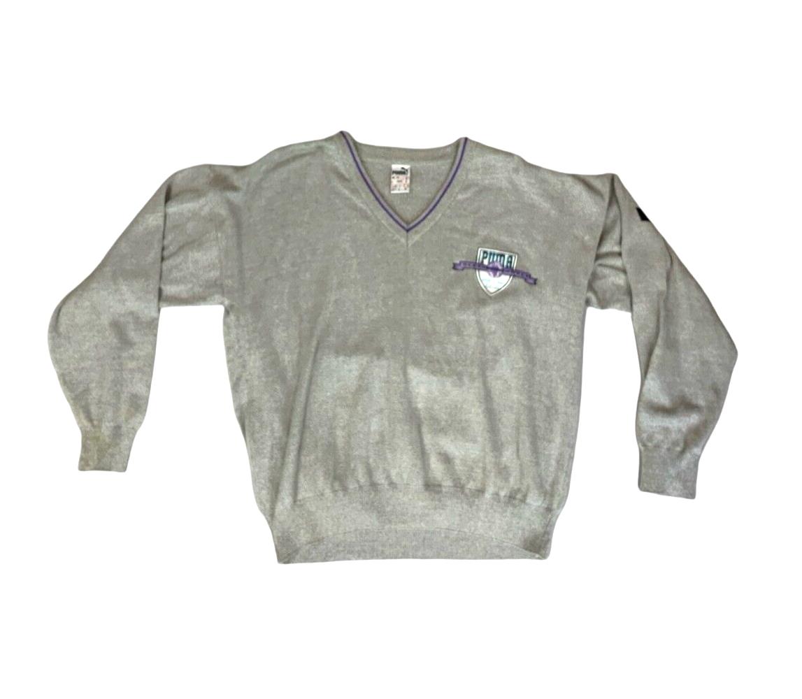 VTG 80s PUMA GREY PURPLE V NECK LOGO KNIT JUMPER SIZE XL