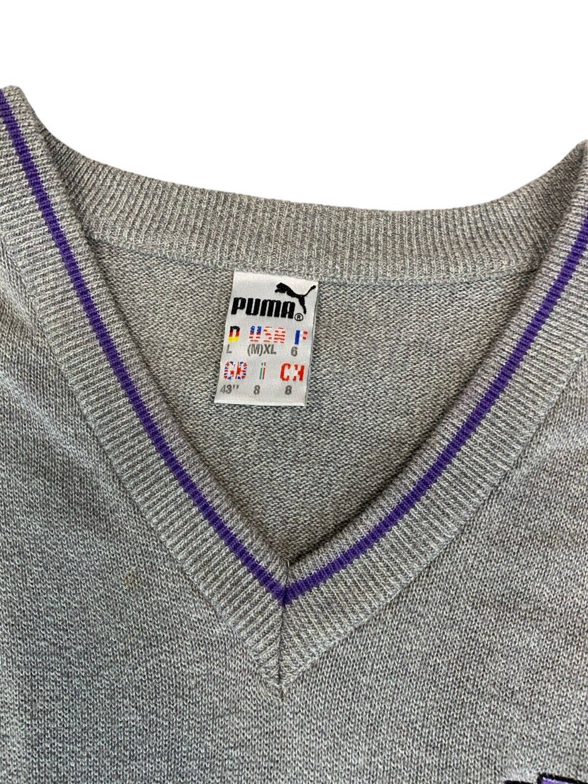 VTG 80s PUMA GREY PURPLE V NECK LOGO KNIT JUMPER SIZE XL