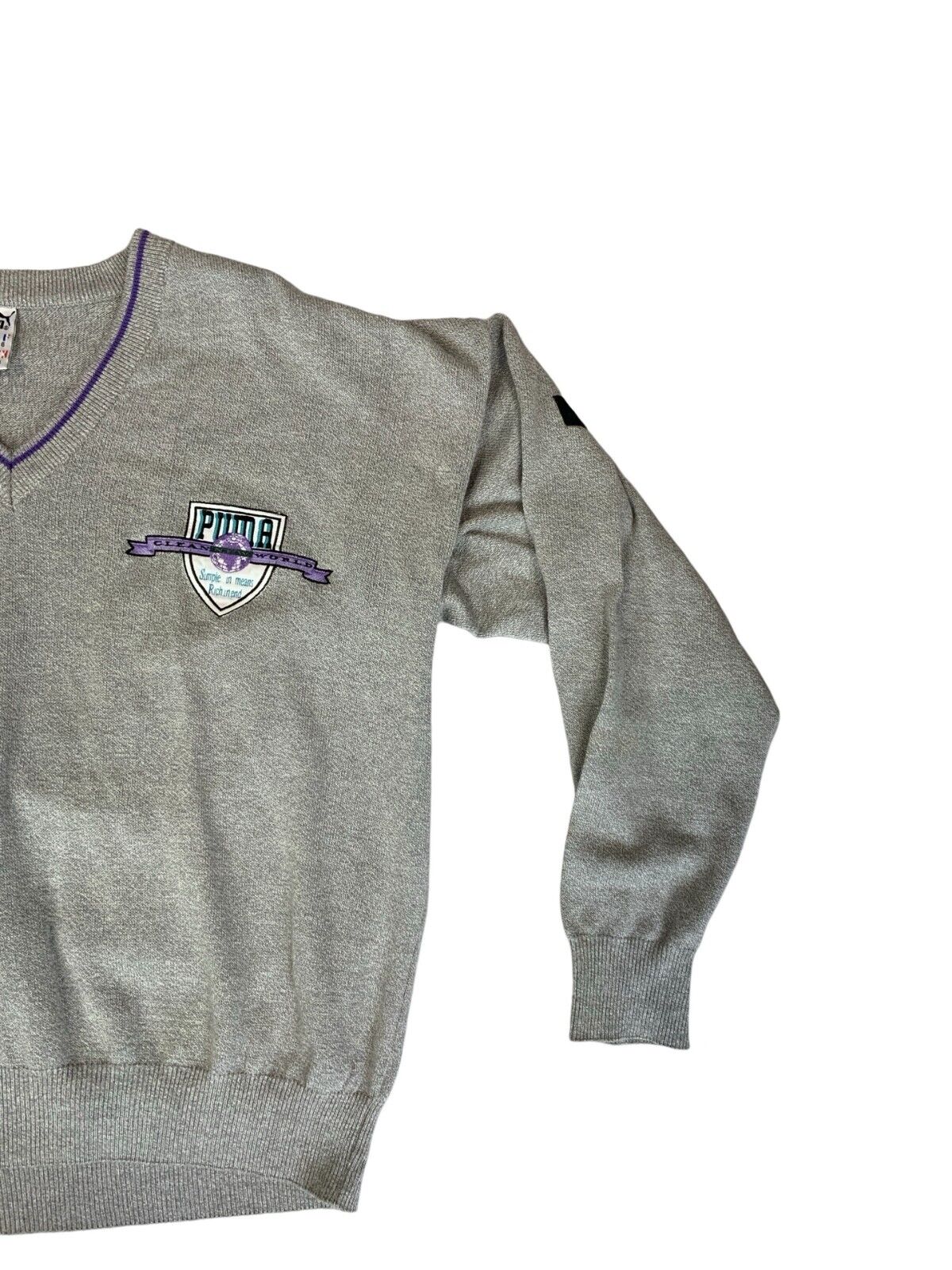 VTG 80s PUMA GREY PURPLE V NECK LOGO KNIT JUMPER SIZE XL