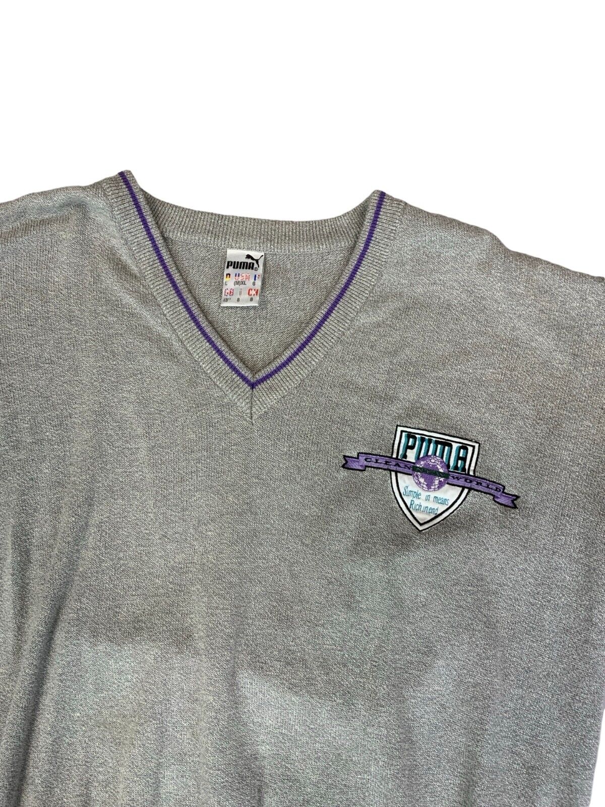 VTG 80s PUMA GREY PURPLE V NECK LOGO KNIT JUMPER SIZE XL
