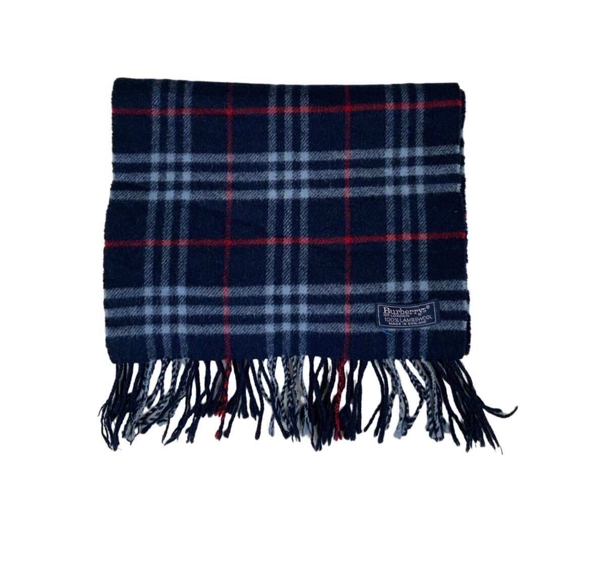 VTG 80s BURBERRYS NAVY BLUE RED NOVA CHECK LAMBSWOOL SCARF