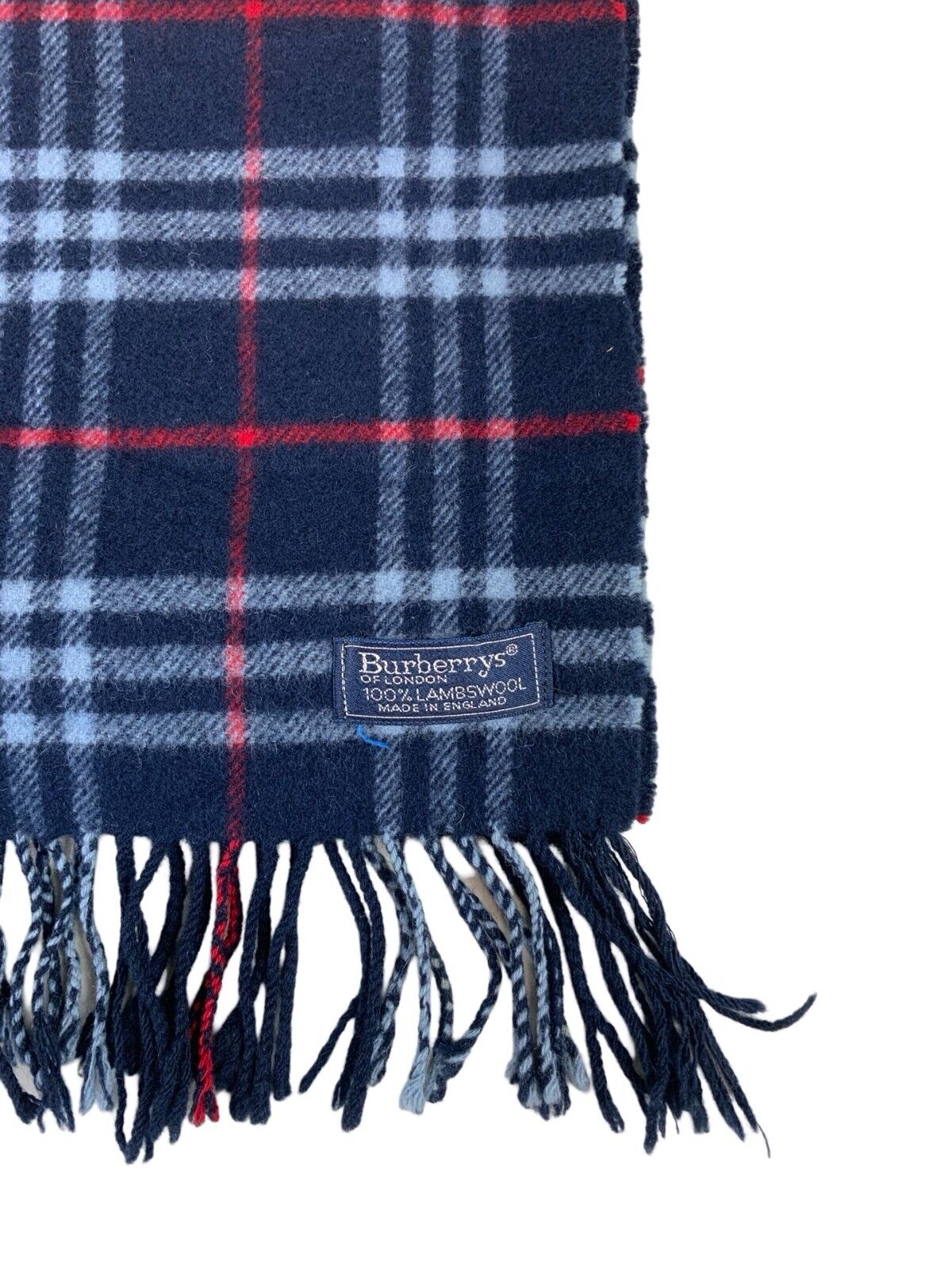 VTG 80s BURBERRYS NAVY BLUE RED NOVA CHECK LAMBSWOOL SCARF