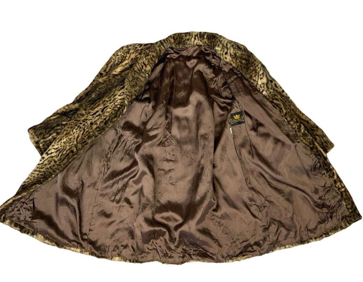 VTG 80s LEOPARD ANIMAL PRINT BROWN BLACK FAUX FUR SWING COAT SIZE L