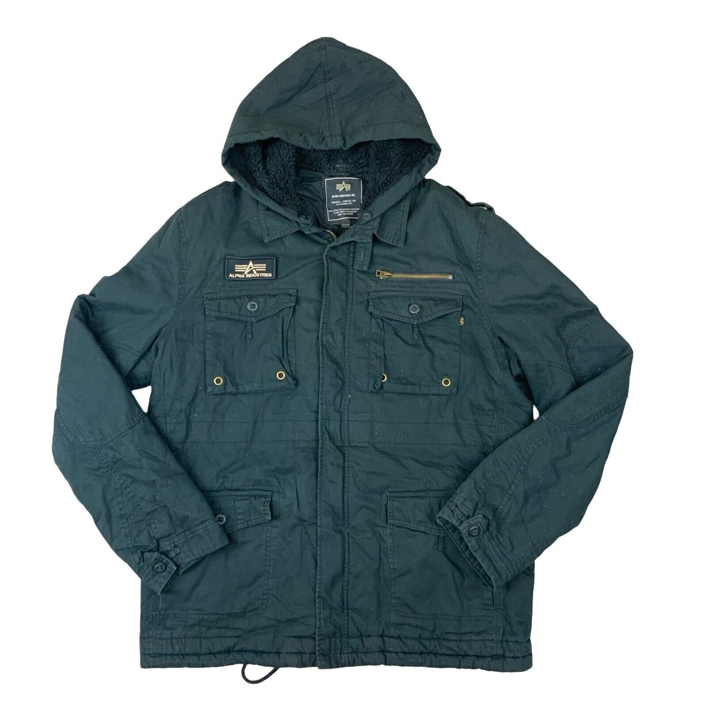 VTG MENS BLACK ALPHA INDUSTRIES FLEECE LINED COTTON PARKA COAT MILITARY XL 46”