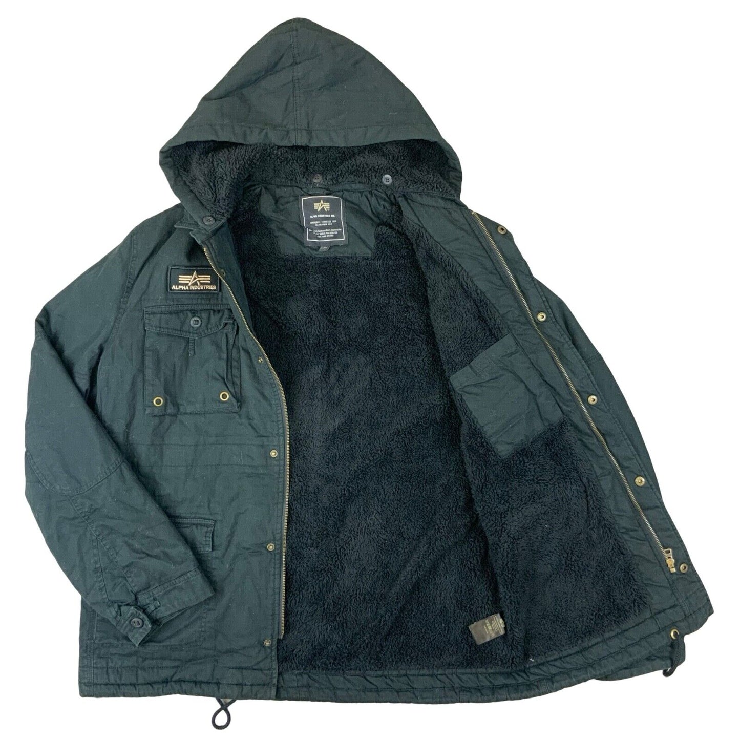 VTG MENS BLACK ALPHA INDUSTRIES FLEECE LINED COTTON PARKA COAT MILITARY XL 46”