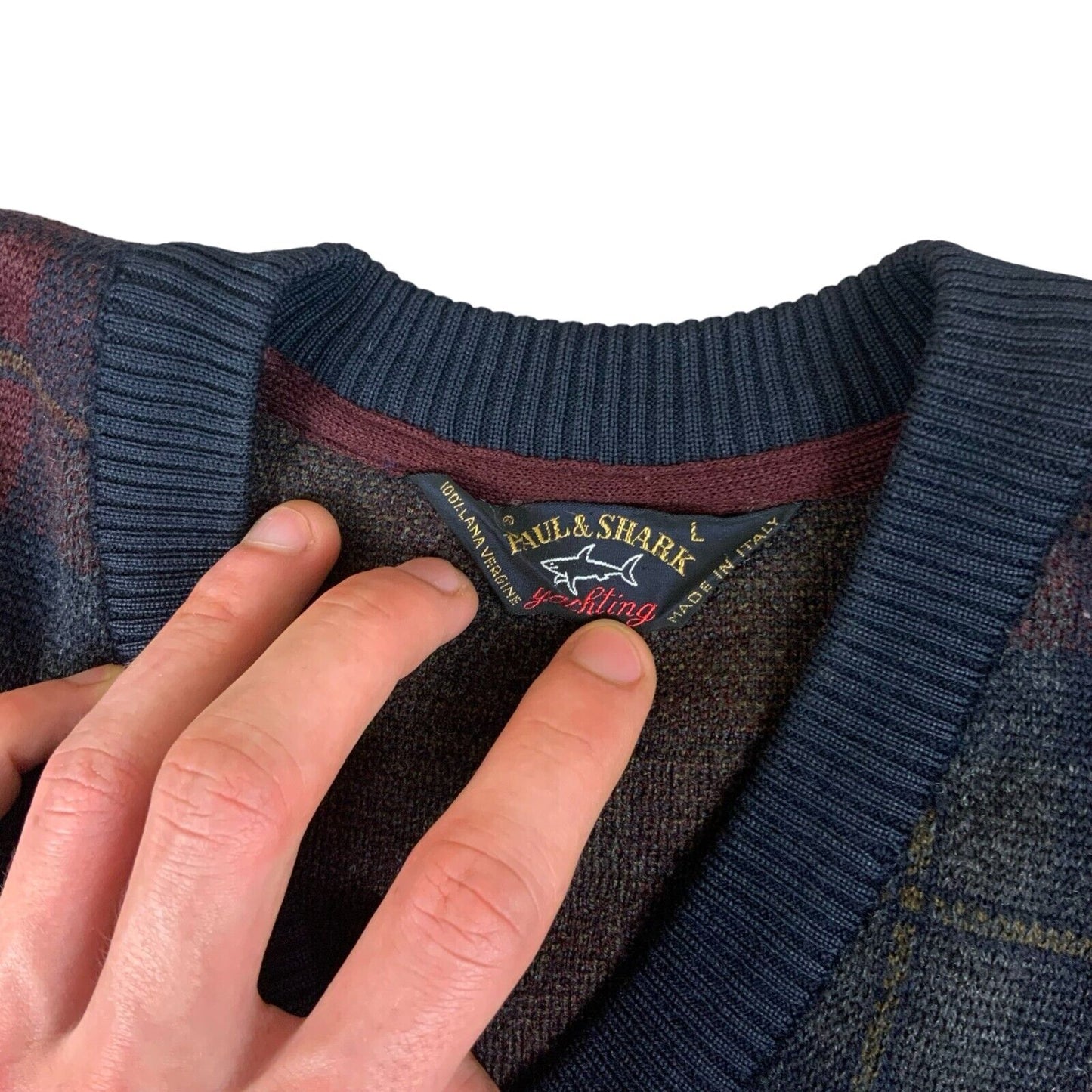 VTG 80s PAUL & SHARK NAVY BLUE RED CHECK V NECK KNIT PURE WOOL JUMPER SIZE L