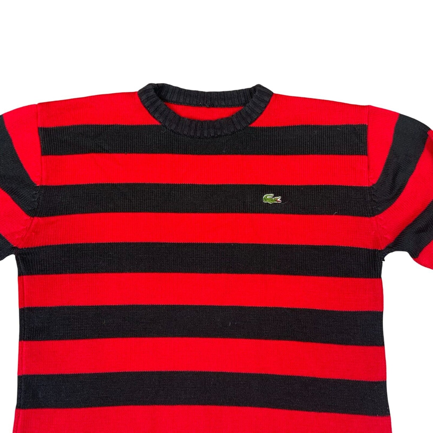VTG 80s LACOSTE RED BLACK STRIPED CREW NECK KNIT JUMPER SIZE L