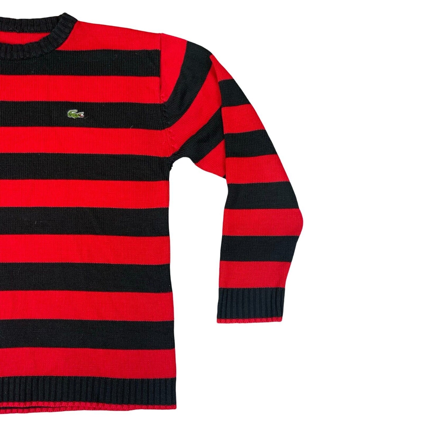 VTG 80s LACOSTE RED BLACK STRIPED CREW NECK KNIT JUMPER SIZE L