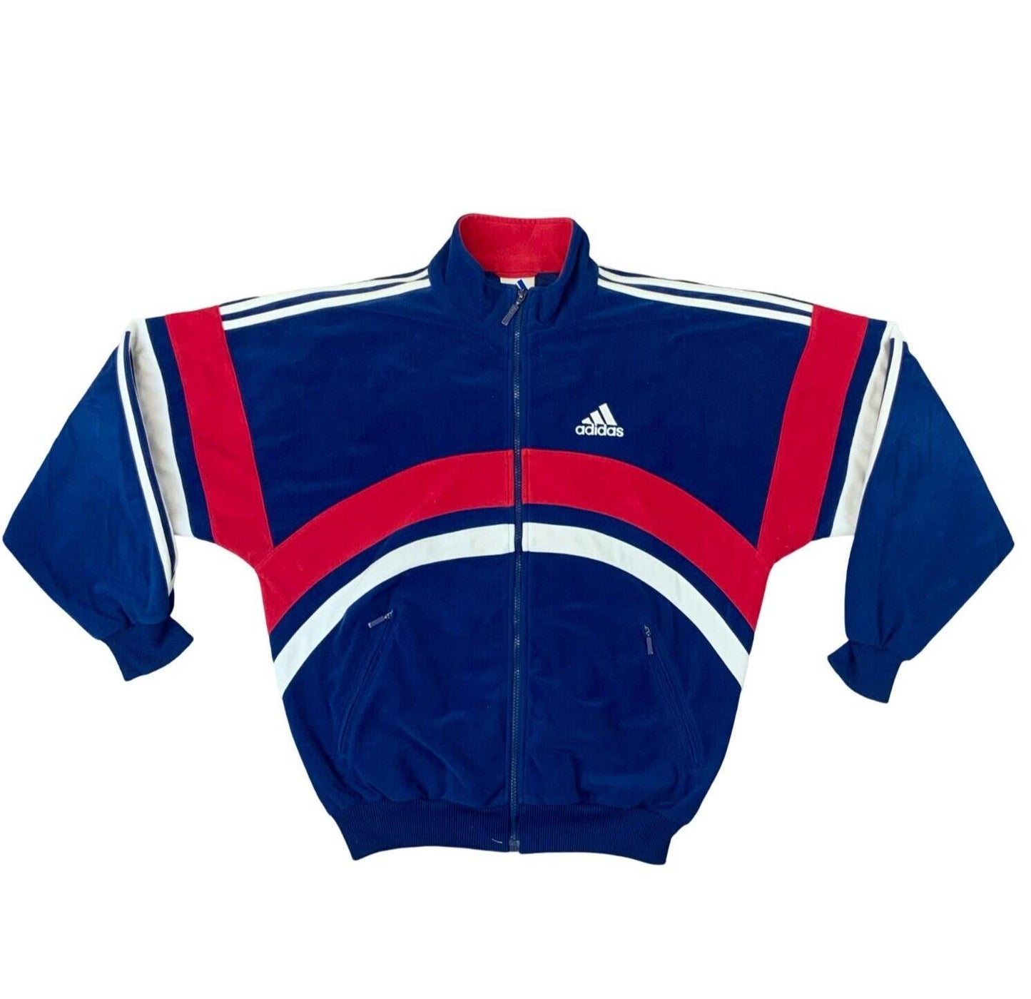VTG 90s ADIDAS ORIGINALS NAVY BLUE RED ZIP UP FLEECE TRACK JACKET SIZE M