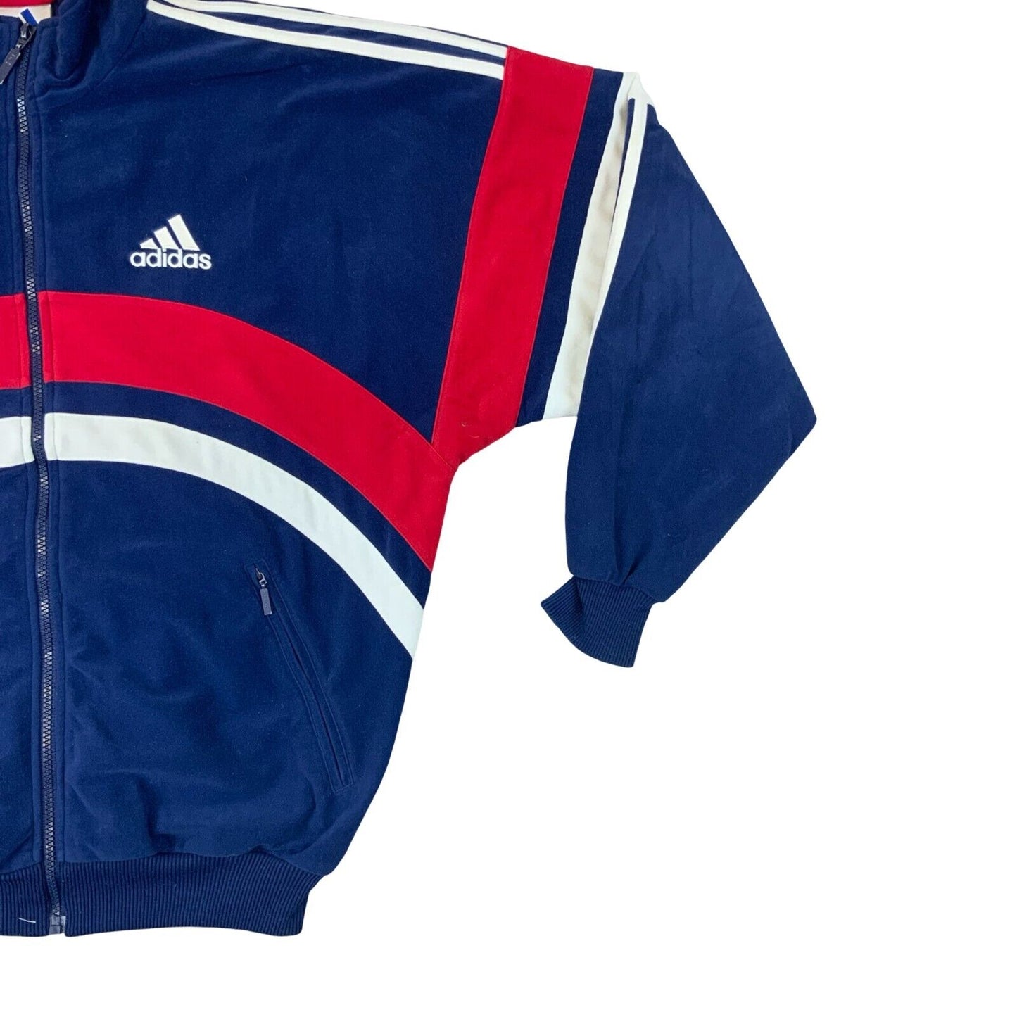 VTG 90s ADIDAS ORIGINALS NAVY BLUE RED ZIP UP FLEECE TRACK JACKET SIZE M