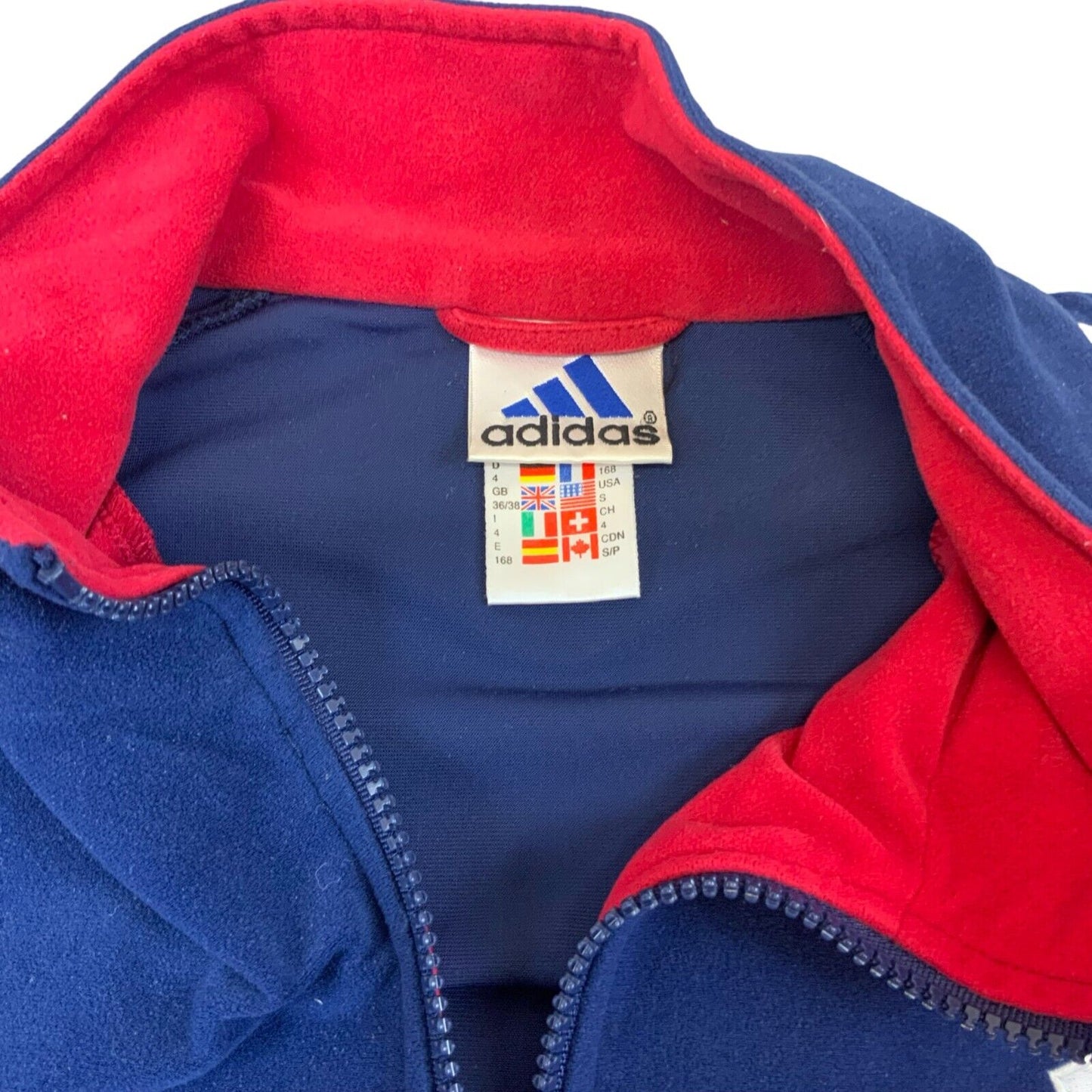 VTG 90s ADIDAS ORIGINALS NAVY BLUE RED ZIP UP FLEECE TRACK JACKET SIZE M