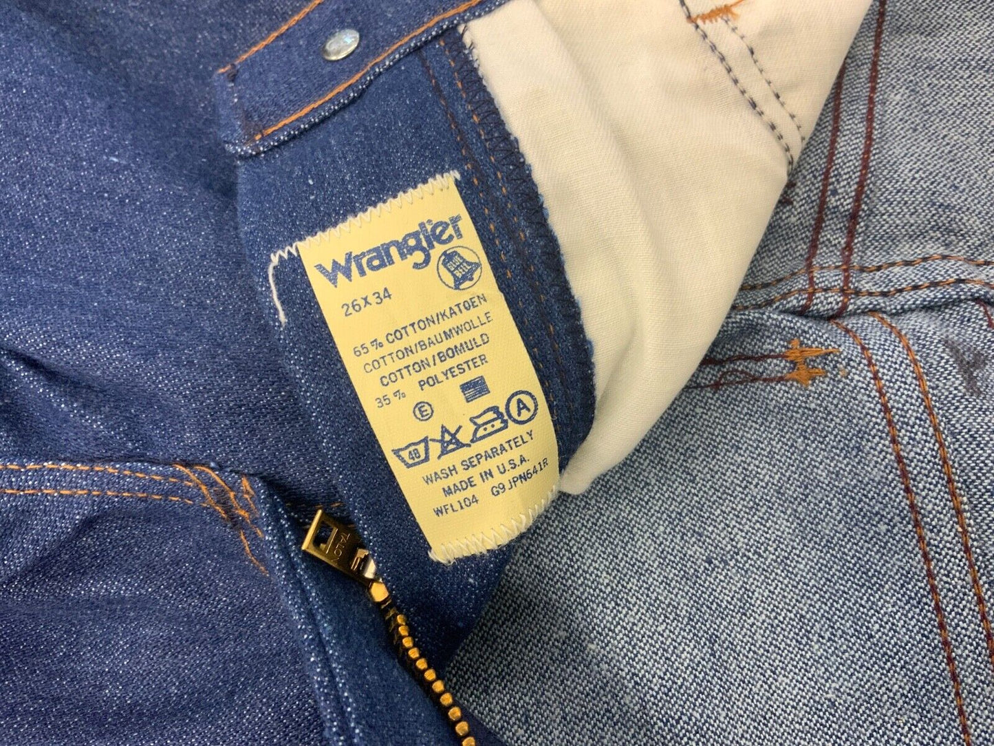 VTG 70s DEADSTOCK UNWORN STOCK WRANGLER BLUEBELL INDIGO STRAIGHT JEANS 25W 34L